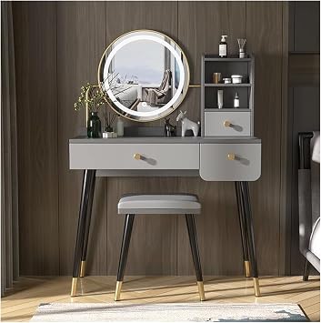 Makeup Vanity Desk for Women with 3 Drawers, Vanity Desk with 3 Colors Illuminated Mirror, Vanity Table Set for Makeup Room with Stool, B, 90CM