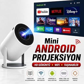 Mini Android 11 Projeksiyon Cihazı, 1280x720 HD, WiFi 2.4G/5G Kablosuz Yansıtma, HDMI USB AUX Destekli Taşınabilir Ev Sinema Projektörü