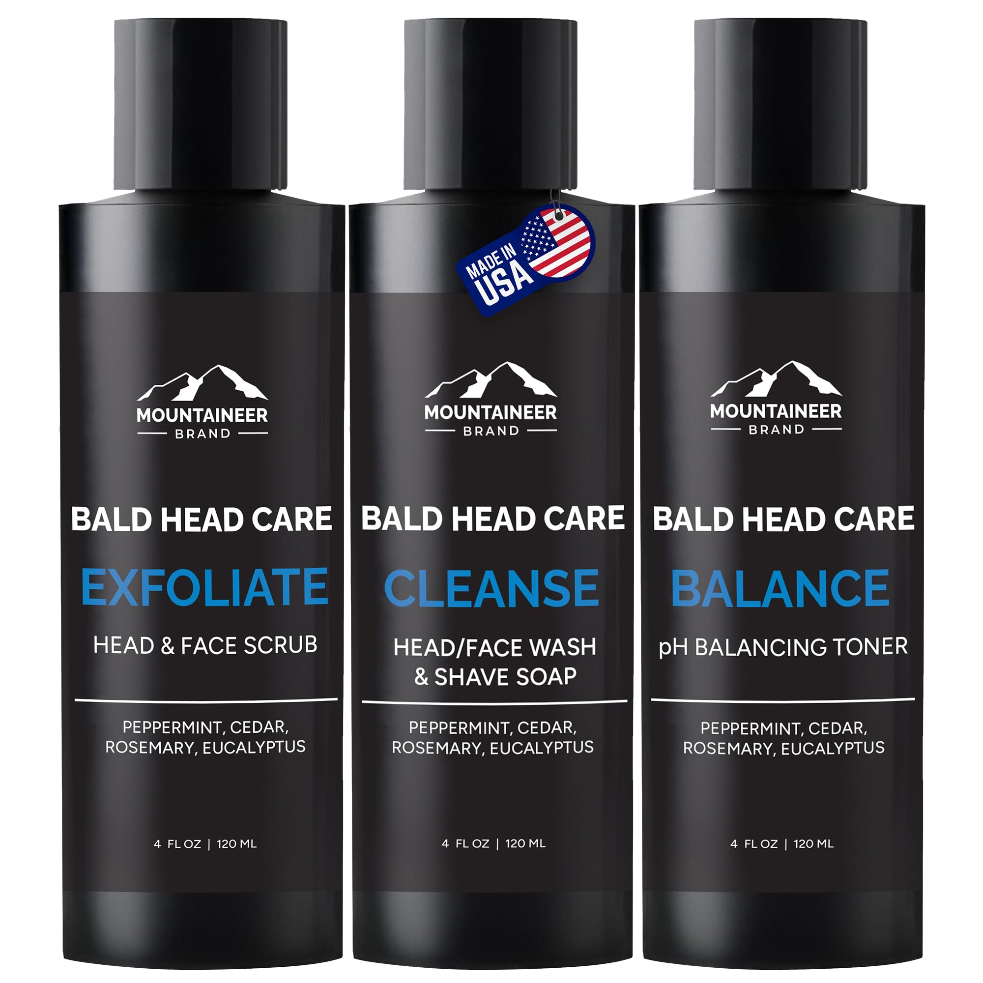 Mountaineer Brand Bald Head Care Gifts For Bald Men | All Natural 3 Step Daily Skin Care for Healthy Scalp & Face | Exfoliate Scrub | Cleanse Wash | Shine Away PH Balance