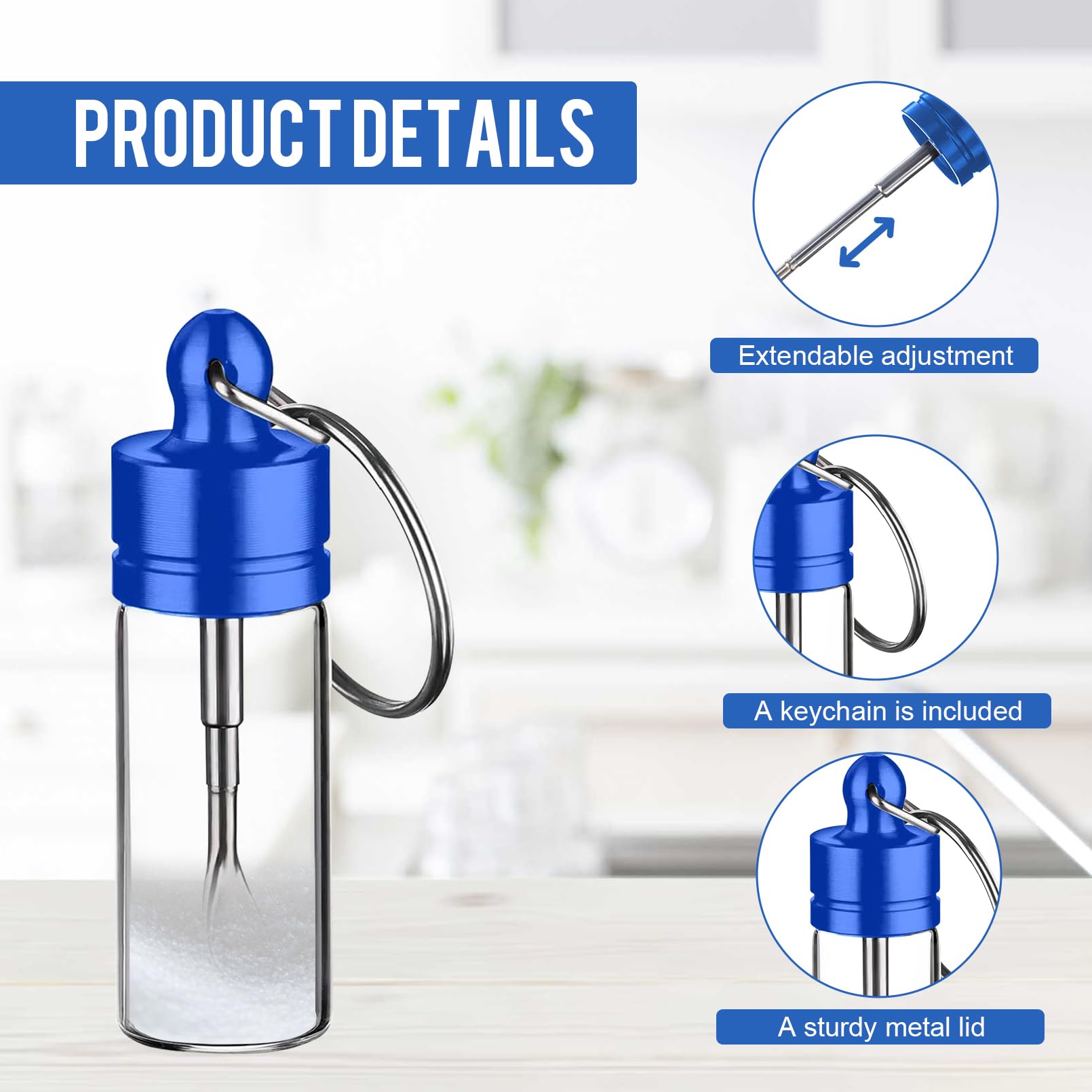 Mini Bouteille Verre, Lot de 3 Contenants Portatifs 6cm avec Anneau pour Épices, Sucre (Rouge, Or, Bleu), Bocaux à Épices Étanches pour Cuisine et Voyage