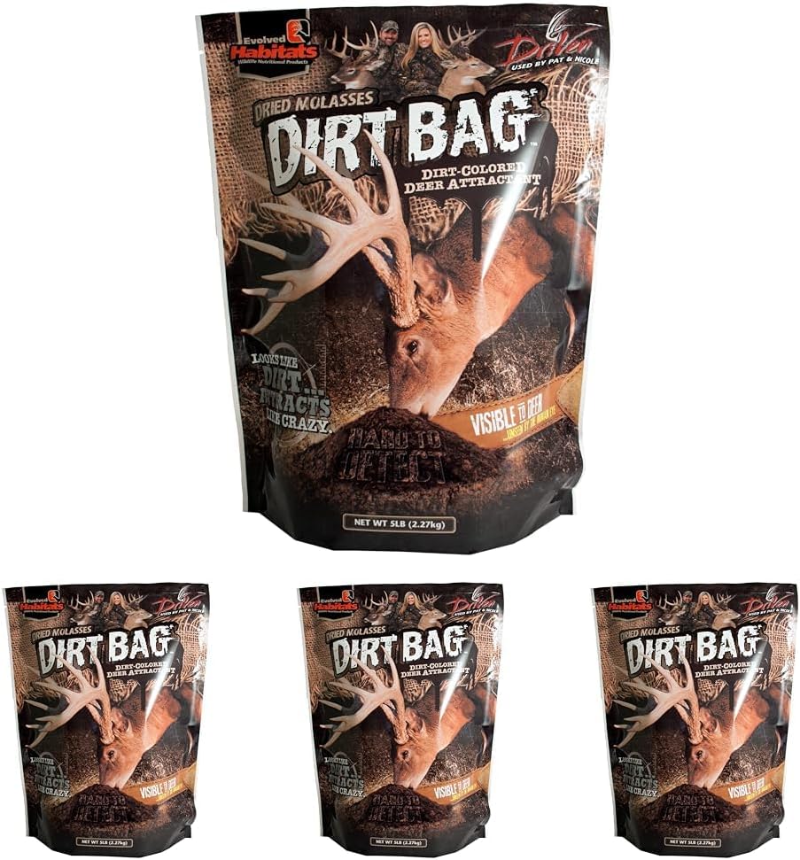 Evolved Habitats Dirtbag 5 lb Powder Dirt-Colored Glo-Cote UV Enhanced Visible Deer Attractant with Molasses Flavor - Long-Lasting Lick Food Supplement Deer Feed (Pack of 4)