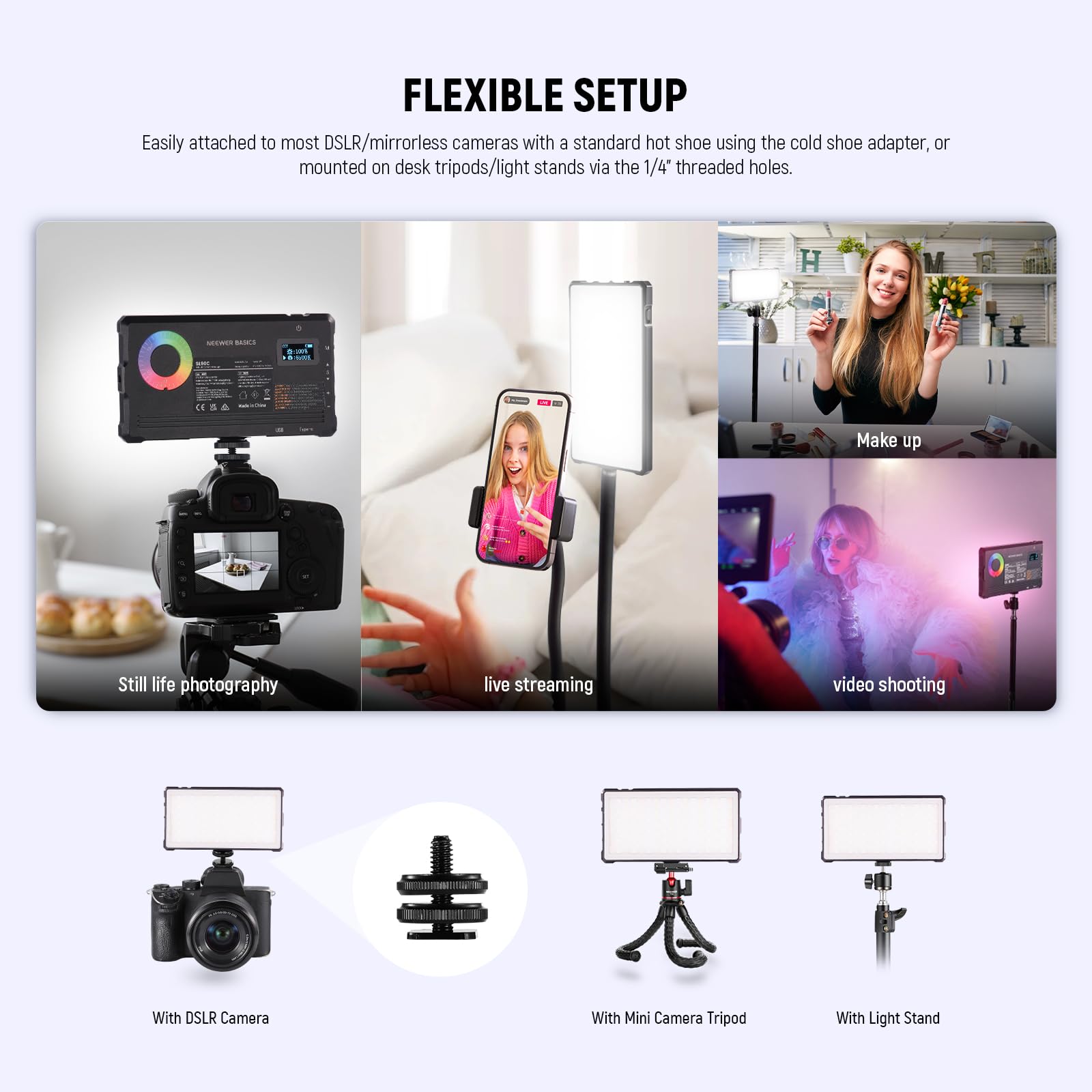 NEEWER Basics lampa wideo RGB, 8 W, 2700 K – 7500 K, przenośna, pełne kolory RGB, 18 scen, CRI 97, 4000 mAh, możliwość ponownego ładowania, metal, mały panel LED do kamery cyfrowej, do statywu DSLR