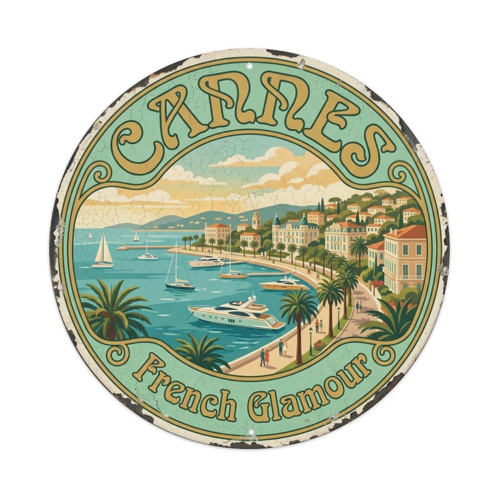 Vintage Travel Cannes Waterfront France Metal Tin Sign Plaque Wall Decor for Cafe, Club Bar, Office, Home Garden Round Metal Poster 8x8Inch