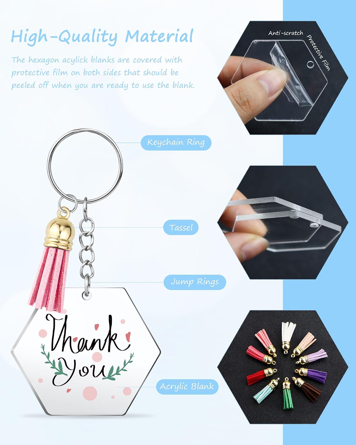 YETOOME Acrylic Hexagon Keychain Blanks, 120 Pcs Clear Hexagon Keychains Kit with Acrylic Blanks, Key Rings, Tassels and Jump Rings for DIY Keychain Vinyl Crafting