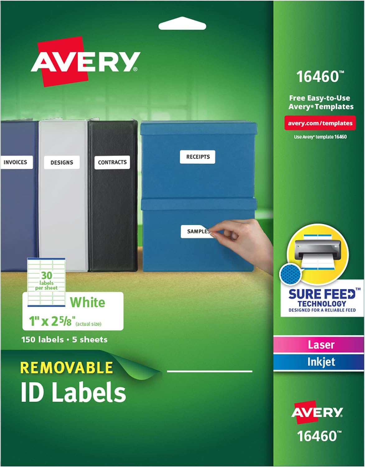 Avery Removable ID Labels, Sure Feed Technology, Removable Adhesive, 1" x 2-5/8", 150 Labels (16460)