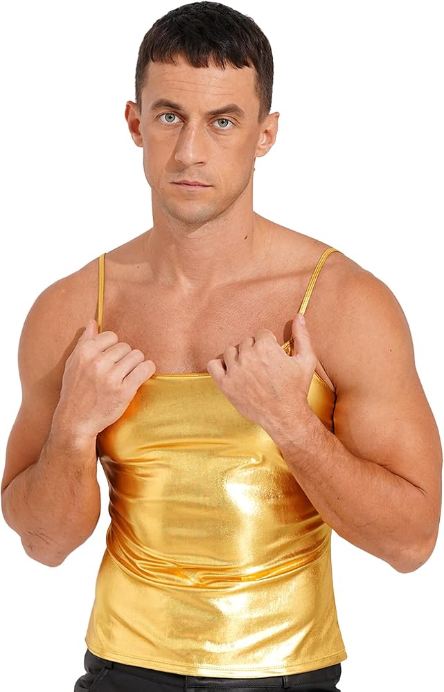 Jhaoyu Men's Glitter Sequins Leather Spaghetti Straps Vest Top
