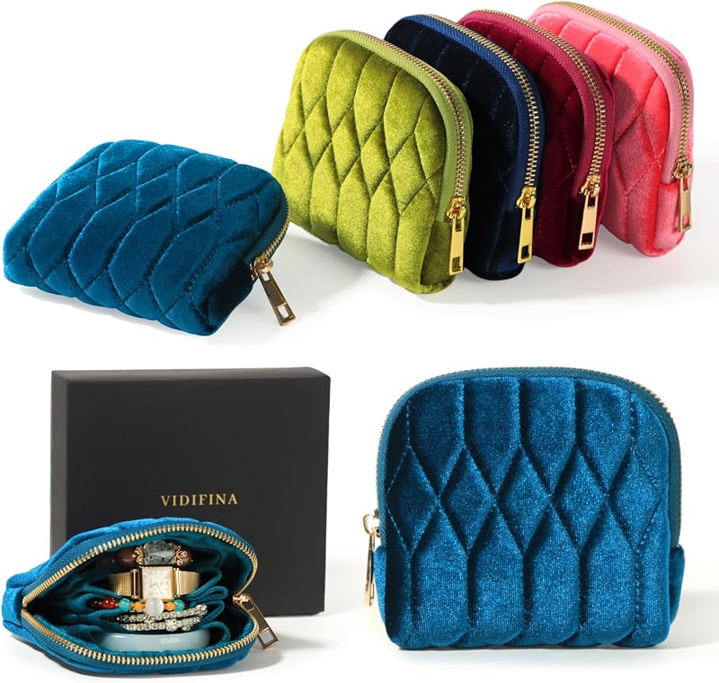 Vidifina Travel Jewelry Case,Mini Travel Jewelry Bag with Zipper,5-Layer Velvet Organizer Pouch for Bracelet Rings Earrings - Diamond Stitched Velvet Teal Blue
