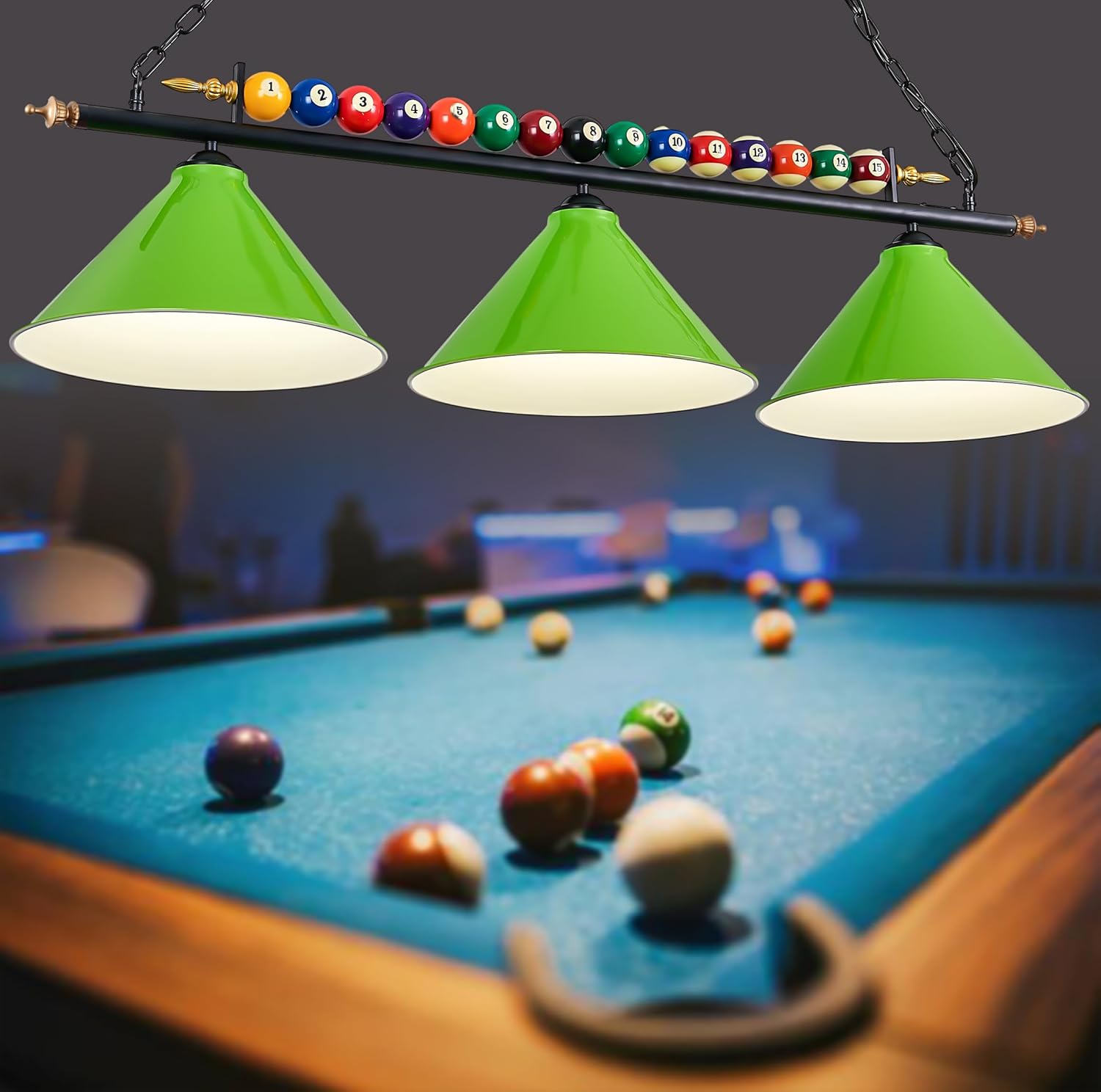 Pool Table Light, 47" Fixture for 7' 8' Tables, Hanging With Real Billiard Ball and 3 Metal Lamp Shades for Game Room