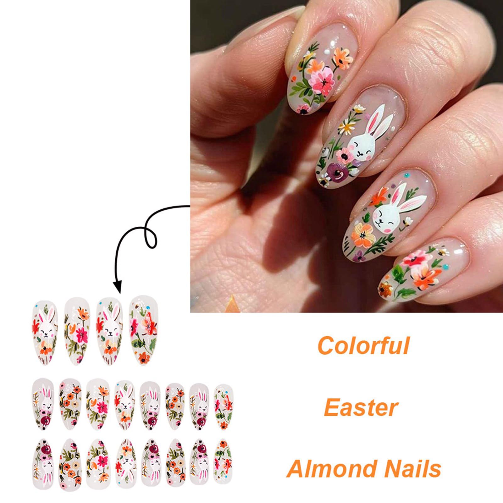 24pcs Pasqua Press On Nails Acrilico Lucido Unghie Finte Con Fiori Disegni Stick On Unghie Per Donne E Ragazze Manicure