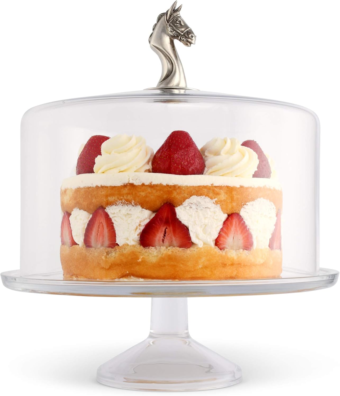 Vagabond House Handblown Glass Cake/Dessert/Cupcake Stand with Glass Dome Cover with Solid Pewter Horse Head Knob Handcrafted 13 inch Diameter 4 inch Tall