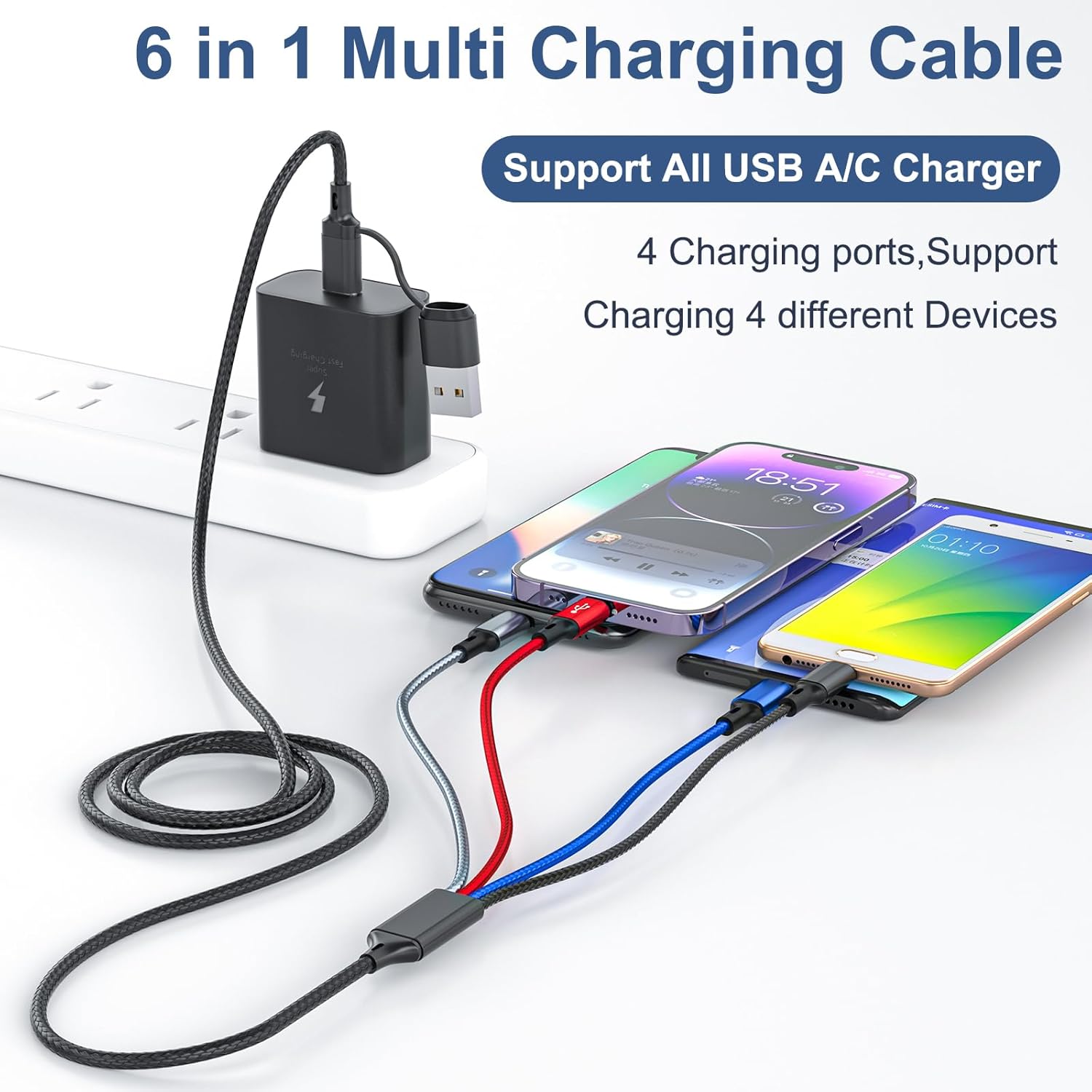 6 in 1 Multi Charging Cable 3Pack-6FT Multi USB Cable 3A Multi Charger Cable Braided Multiple Phone Charger Cable Universal USB A/C Charging Cord with 2*IP/Type C/Micro USB Port for Cell Phone/Tablets - Image 2