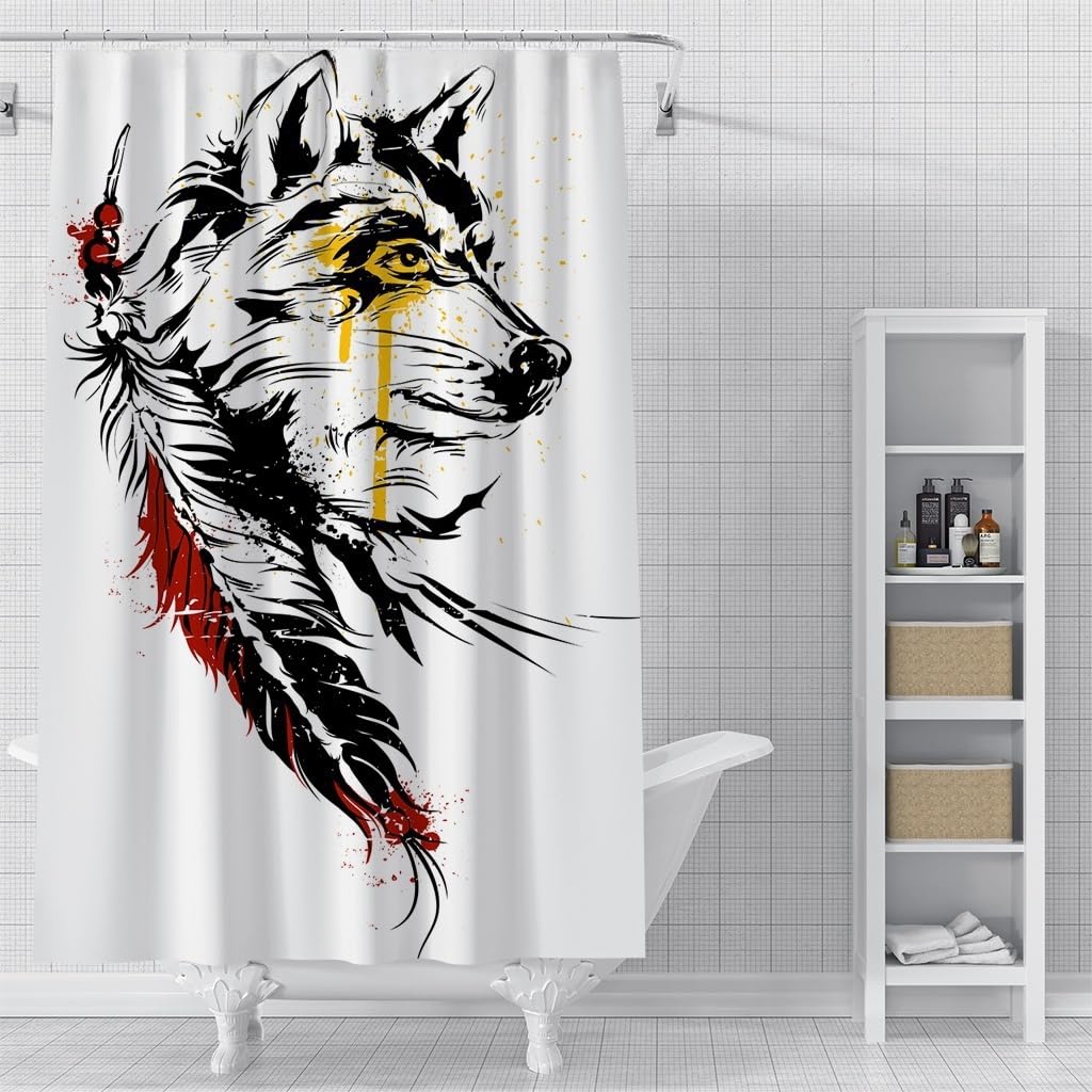 Cortina de Ducha 240 x 200 cm con Estampado de Lobo para Niños, Estilo Bohemio, con Diseño de Pintura en Tinta, Color Blanco, con Ganchos, Impermeable y de Secado Rápido, 240 x 200 cm (1 Paneles).