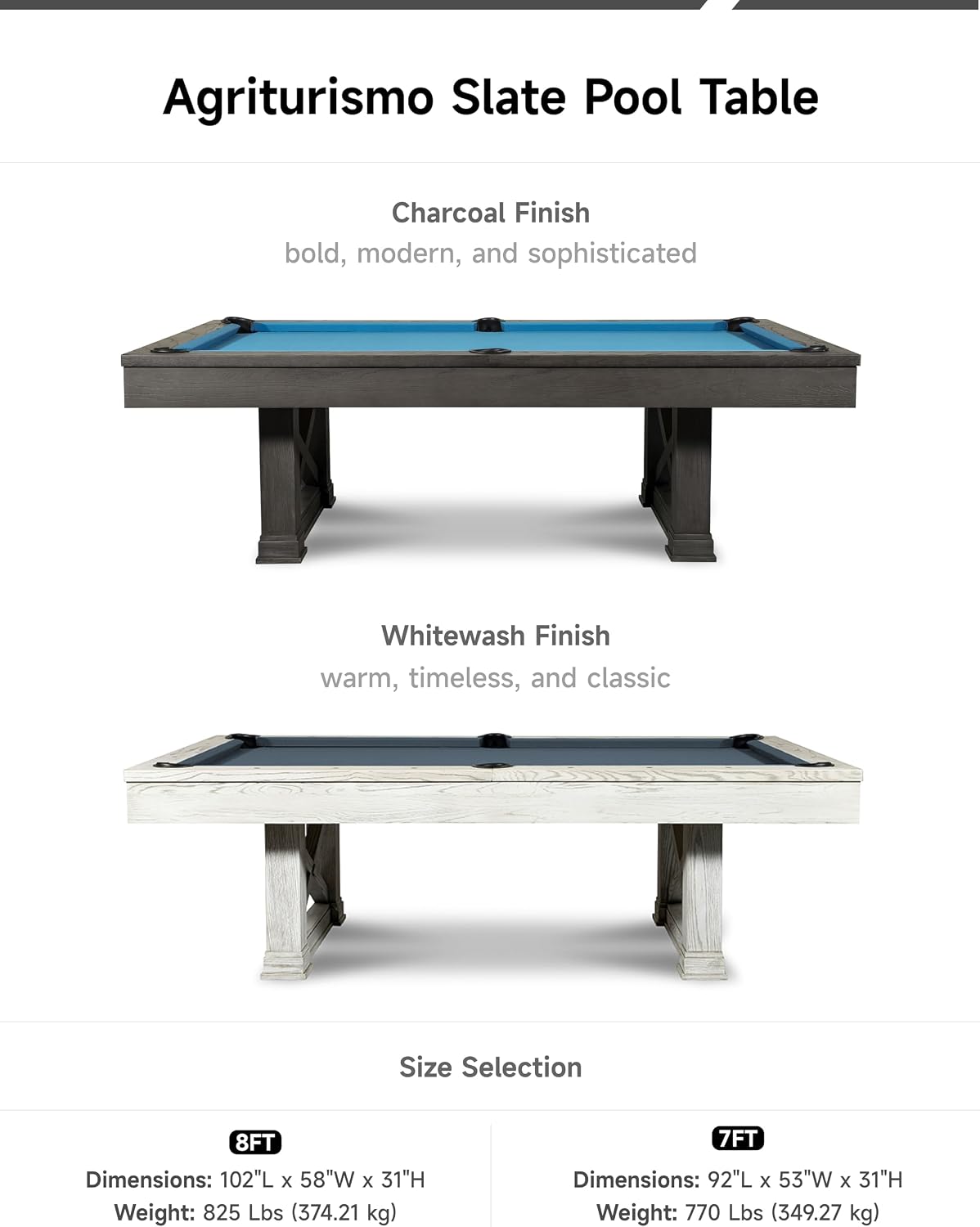 Empire USA - Agriturismo Slate Pool Table W/Premium Billiard Accessories (7FT and 8FT, Charcoal)
