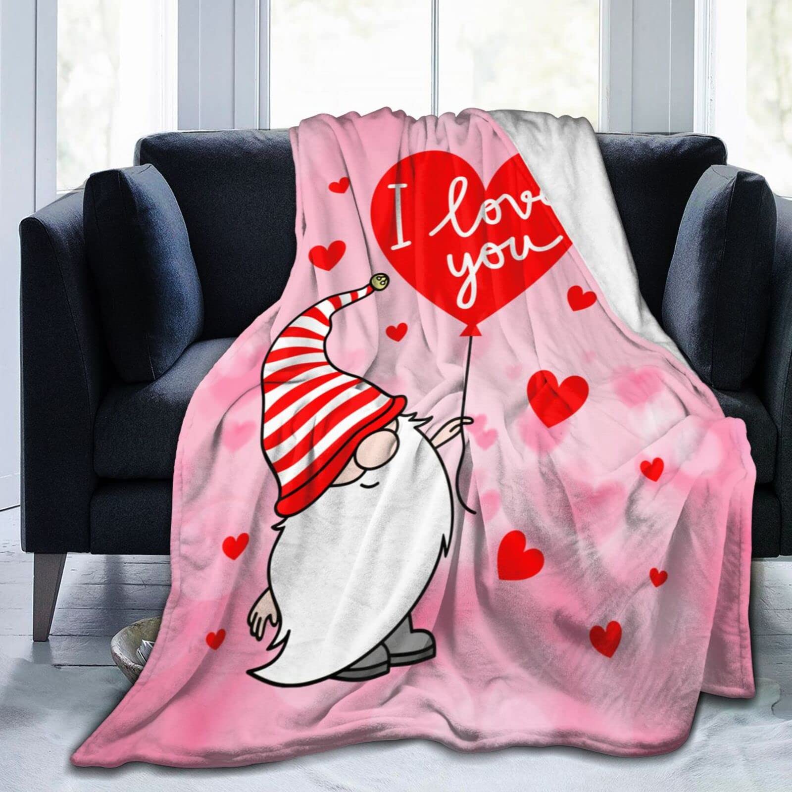 Lsjuee Valentine's Day Gnome Throw Blanket Warm Cozy Lightweight Blankets Romantic Valentine's Day Gift Flannel Blanket for Sofa Couch Bed Office Holiday Decorative 50"X40"