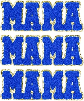3PCS Mama Iron On Patch Chenille Letters with Glitter Edge Embroidered Applique for Clothing Trucker Hats Jackets Jeans Backpacks Bags for Mom Girl Women Gift Mothers Day DIY CraftsBlue