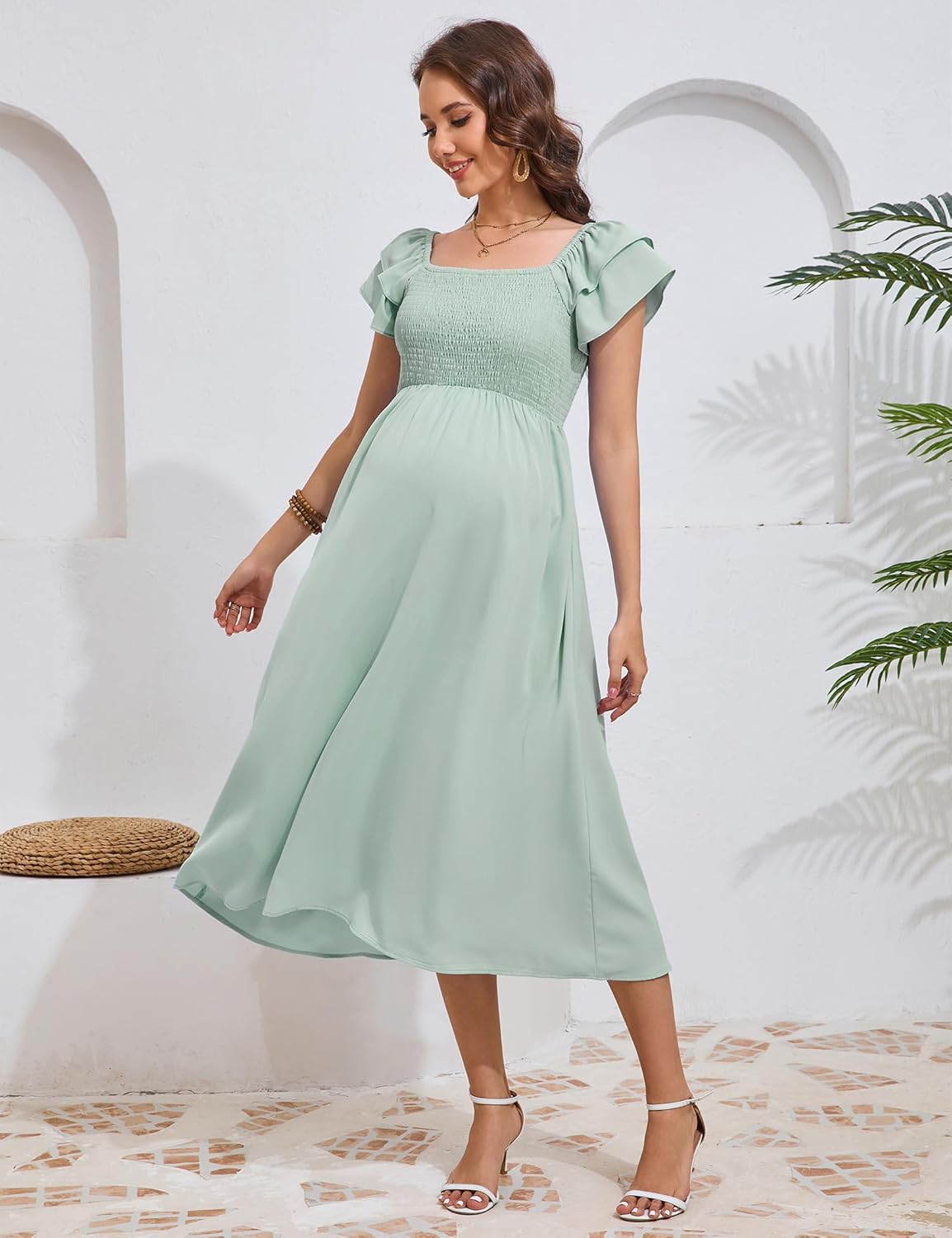 KOJOOIN Womens Maternity Flutter Short Sleeve Square Neck Summer Casual Dress Smocked Boho Maxi Dress Photoshoot Baby Shower - Image 2