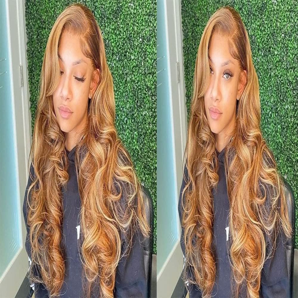 16 Inches Glueless 4/27 Ombre Lace Front Wig Human Hair 13×6×1 T Part Honey Blonde Wig Pre Plucked Highlight Wigs for Black Women Human Hair Brazilian Remy Hair (16 Inches 150 Density)