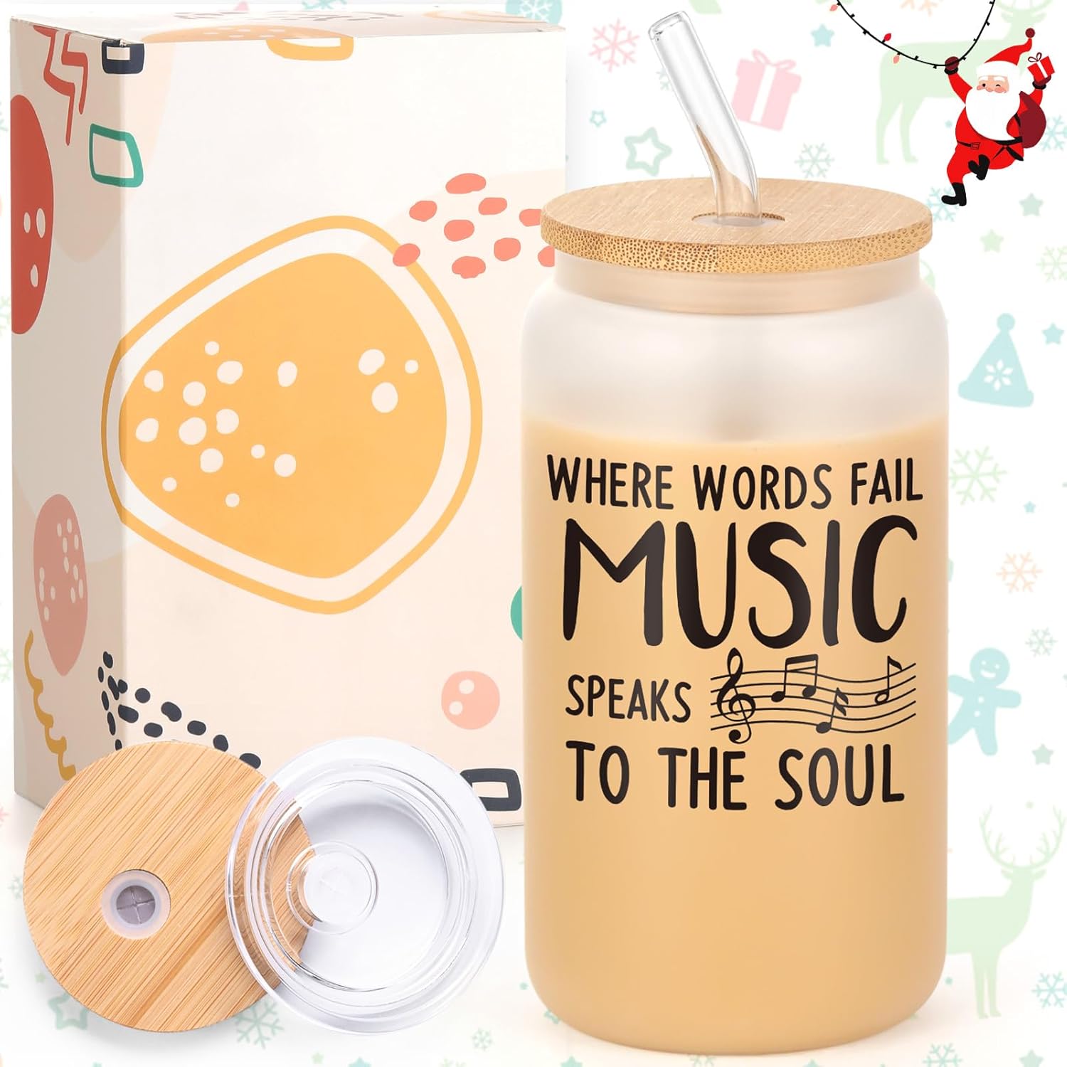 LiqCool Music Teacher Gifts, 18 Oz Where Words Fail Music Speaks to The Soul Can Glass, Music Gifts for Men Women, Cool Gifts for Music Lovers Friend Musicians, Music Drinking Jar with Gift Card Clear