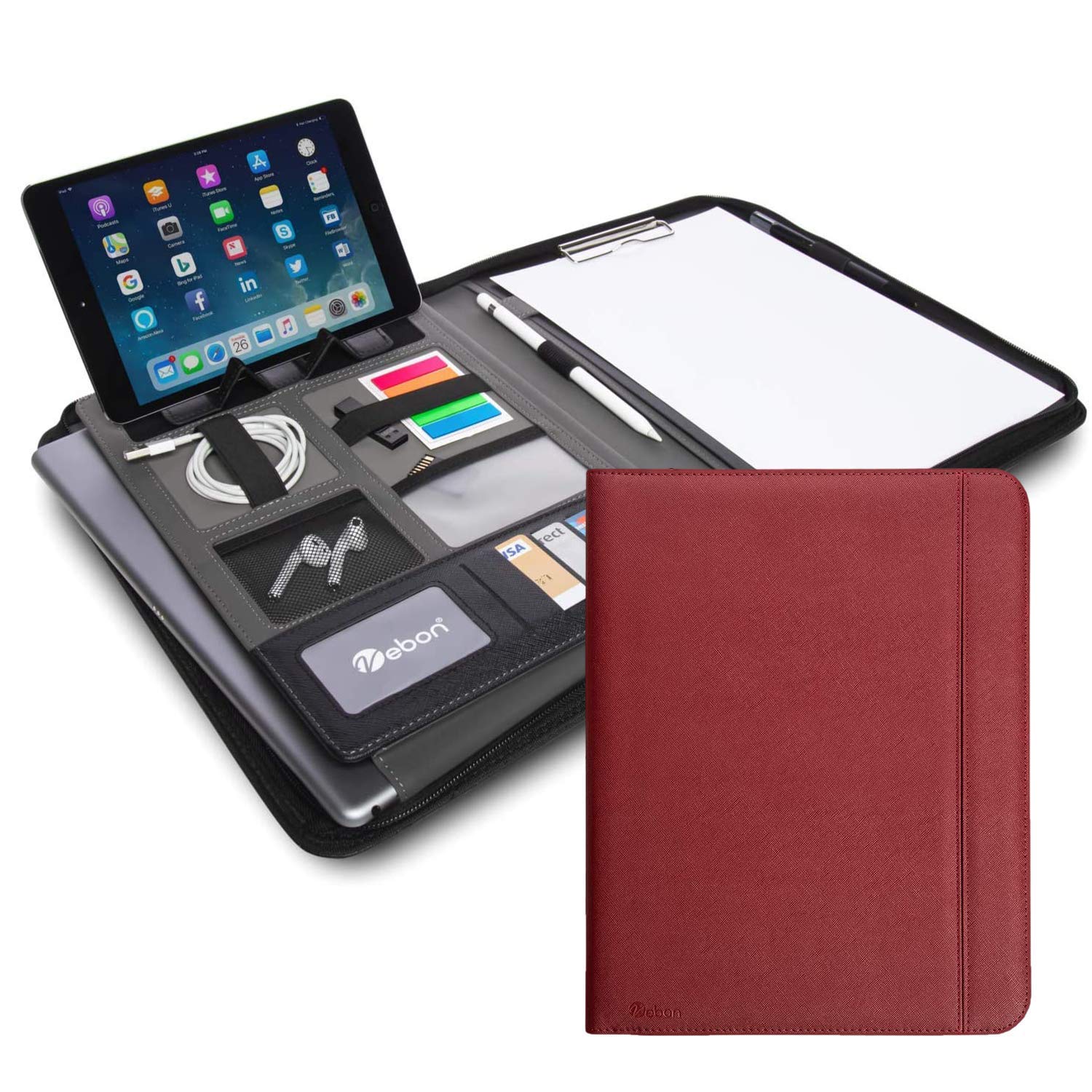 Vebon® Carpeta de conferencias A4 'London' de piel vegana con cremallera y funda para ordenador portátil, soporte para smartphone y portapapeles, kirschrot