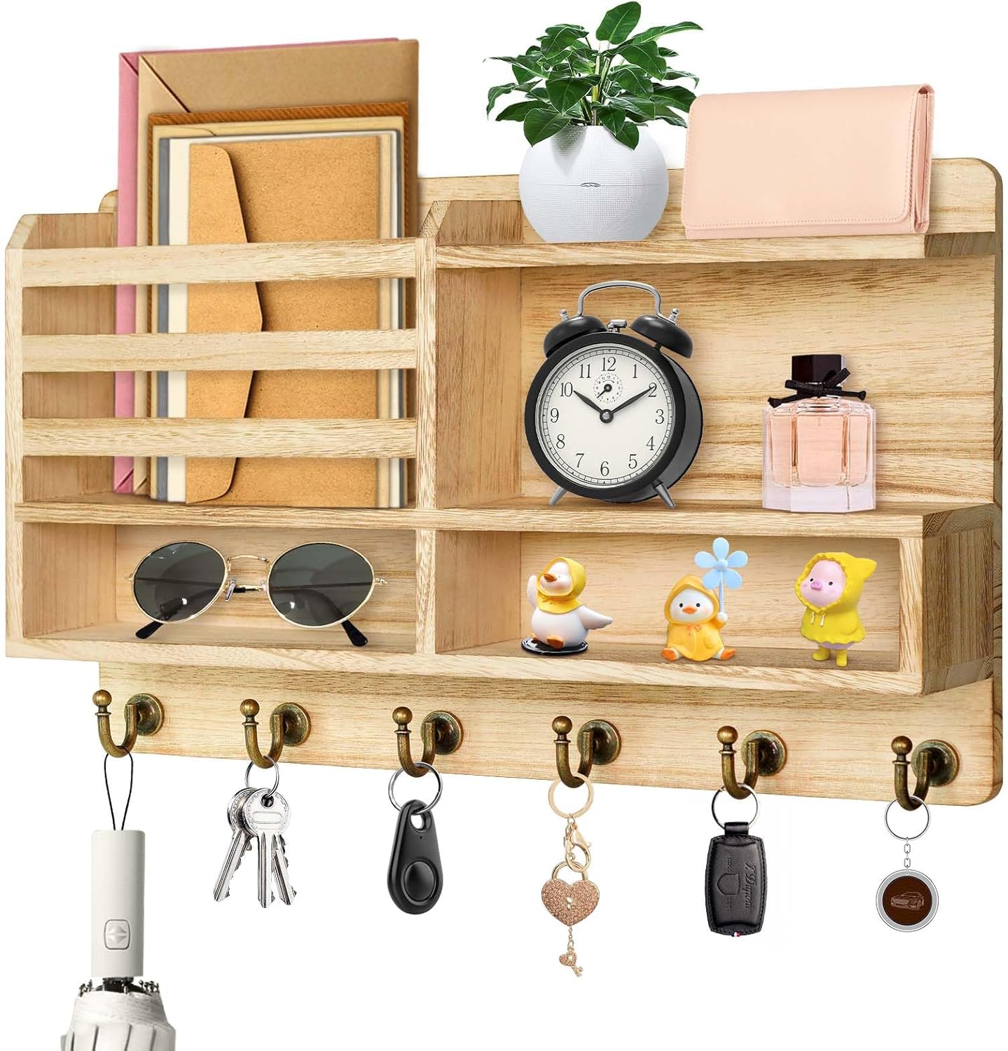 Schlüsselbrett Aus Holz Mit 6 Haken - Stilvolle Wandhalterung Mit Ablage