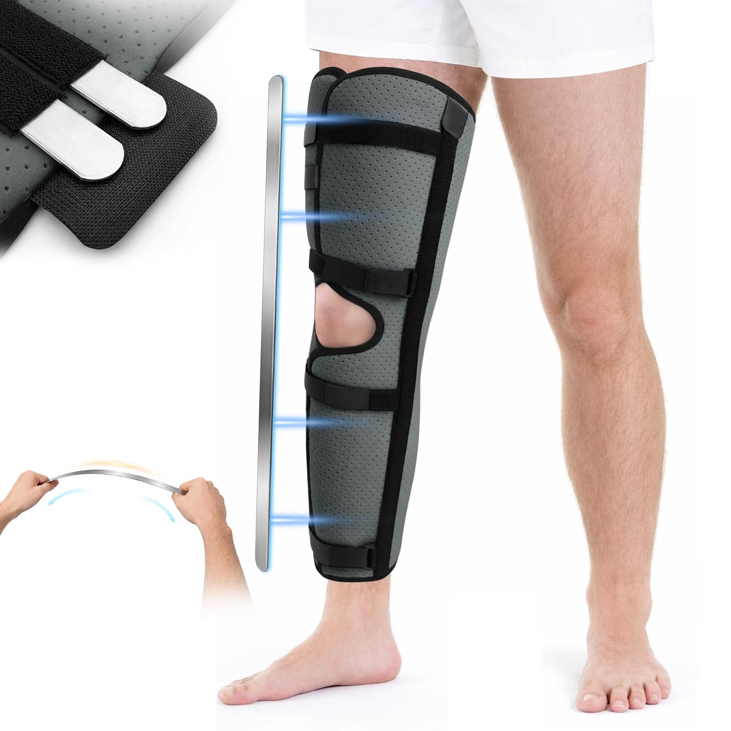 SPRING SEAON Full Leg Brace with 6 Hook-and-Loop Support Straps, 23" Knee Immobilizer with 4 Removable Bendable Aluminum Stays, Breathable & Soft for Recovery Support, Men & Women (Gray)