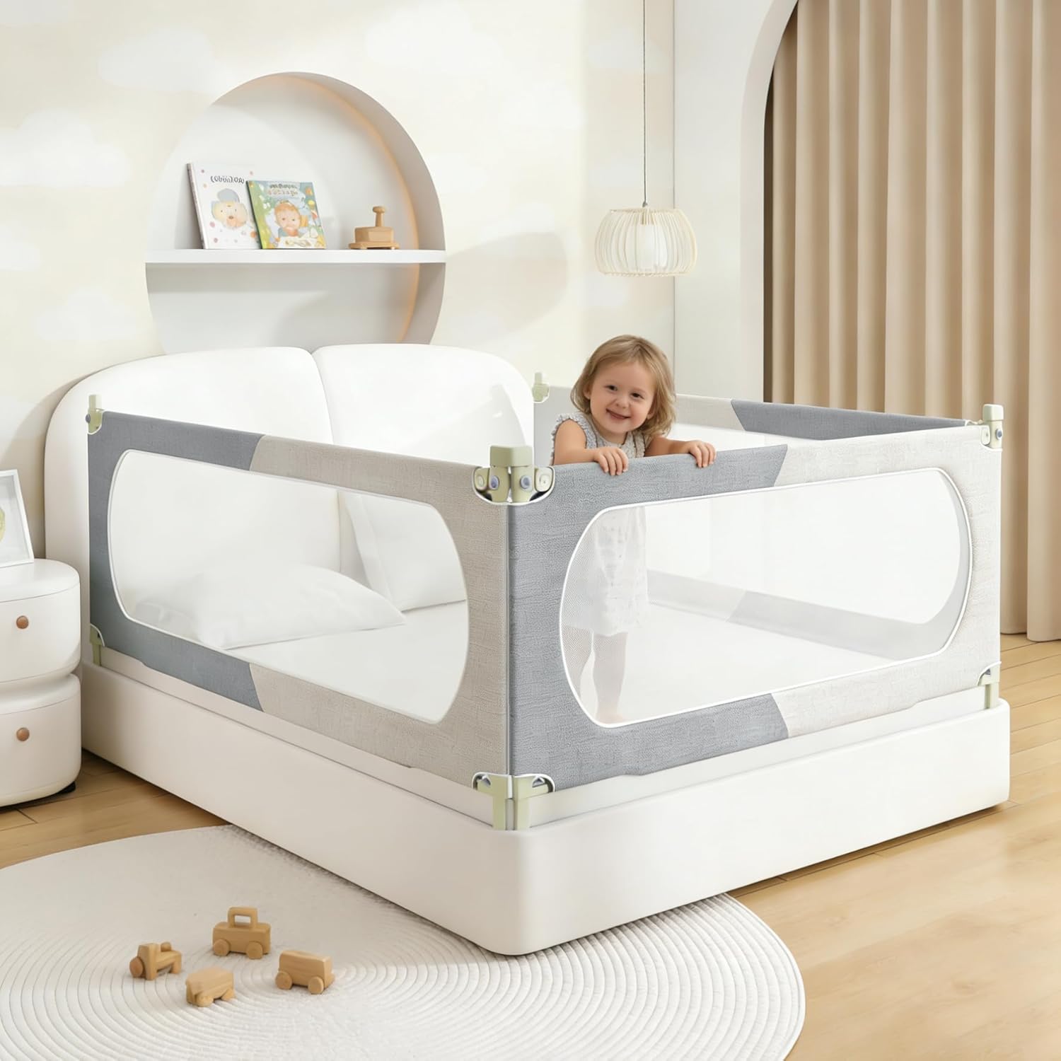 Bed Rail for Toddlers Twin, Full, Queen, King & Cal kingMattress Size | Swing Down Rail Guard | Mattress Side Rail for Kids (Gray and White, (3 Sides for Queen Size) 79.9x79.9x59.8 Inch)