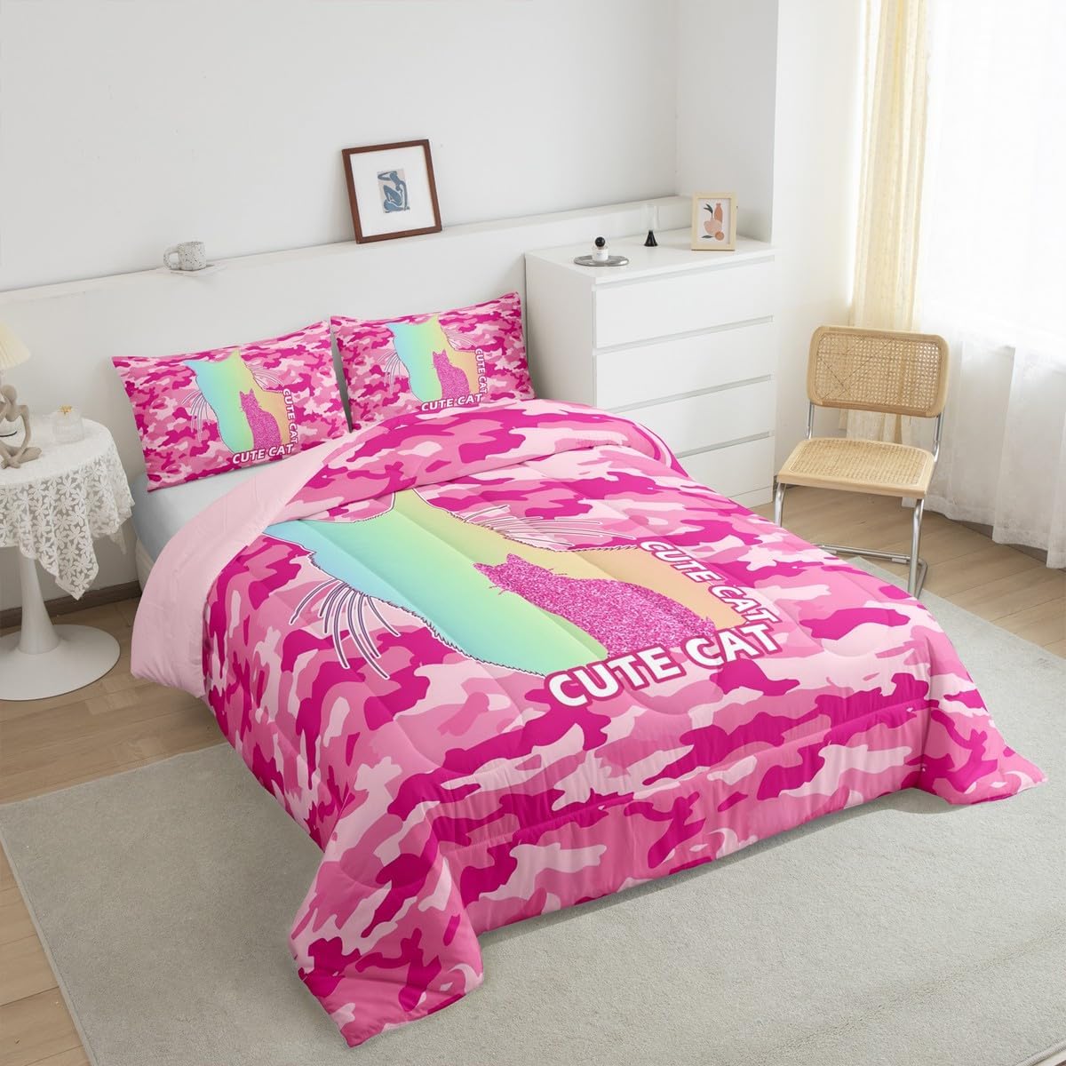 Manfei Cute Cat Silhouette Kids Comforter Set Twin Size,Pink Camo Geometric Abstract Bedding Set,Girls Boys Adults Room Decor,Glitter Cat Pet Down Comforter,Pink Romantic Duvet Insert,1 Pillowcase
