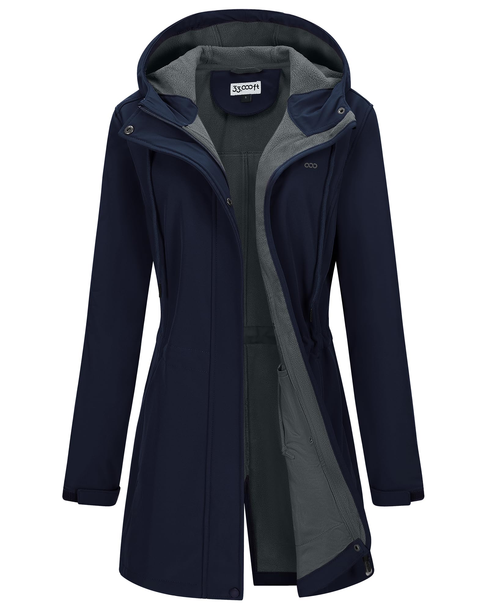 33,000ft Women's Hooded Softshell Jacket Fleece Lined Waterproof Raincoat | Long Insulated Warm Rain Jacket, Zip Up Windproof Windbreaker, Lightweight Trench Coat for Spring Fall Winter Outdoor Travel