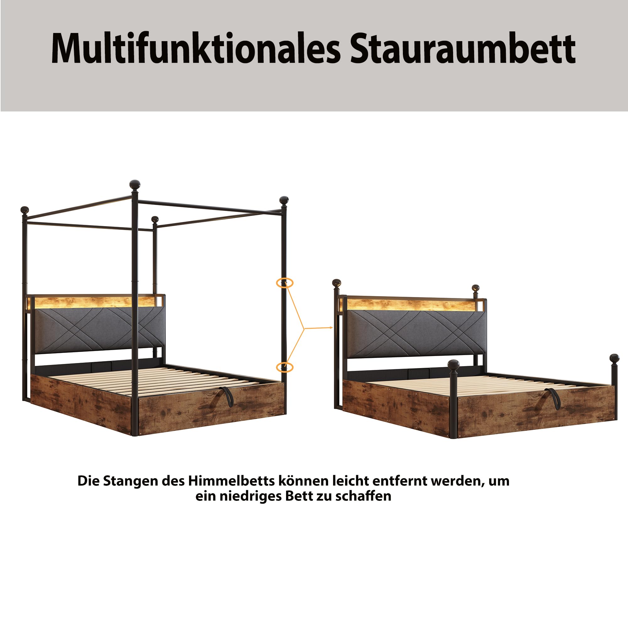 Multifunktionales Bett,mit Stauraum und schmiedeeisernem Baldachin,mit abnehmbaren Bettpfosten mit LED und USB-/Typ-C-Ladeanschlüssen,Eiseneinzelbett. (schwarz mit Hydraulisch Bettstauraum, 140*190cm)