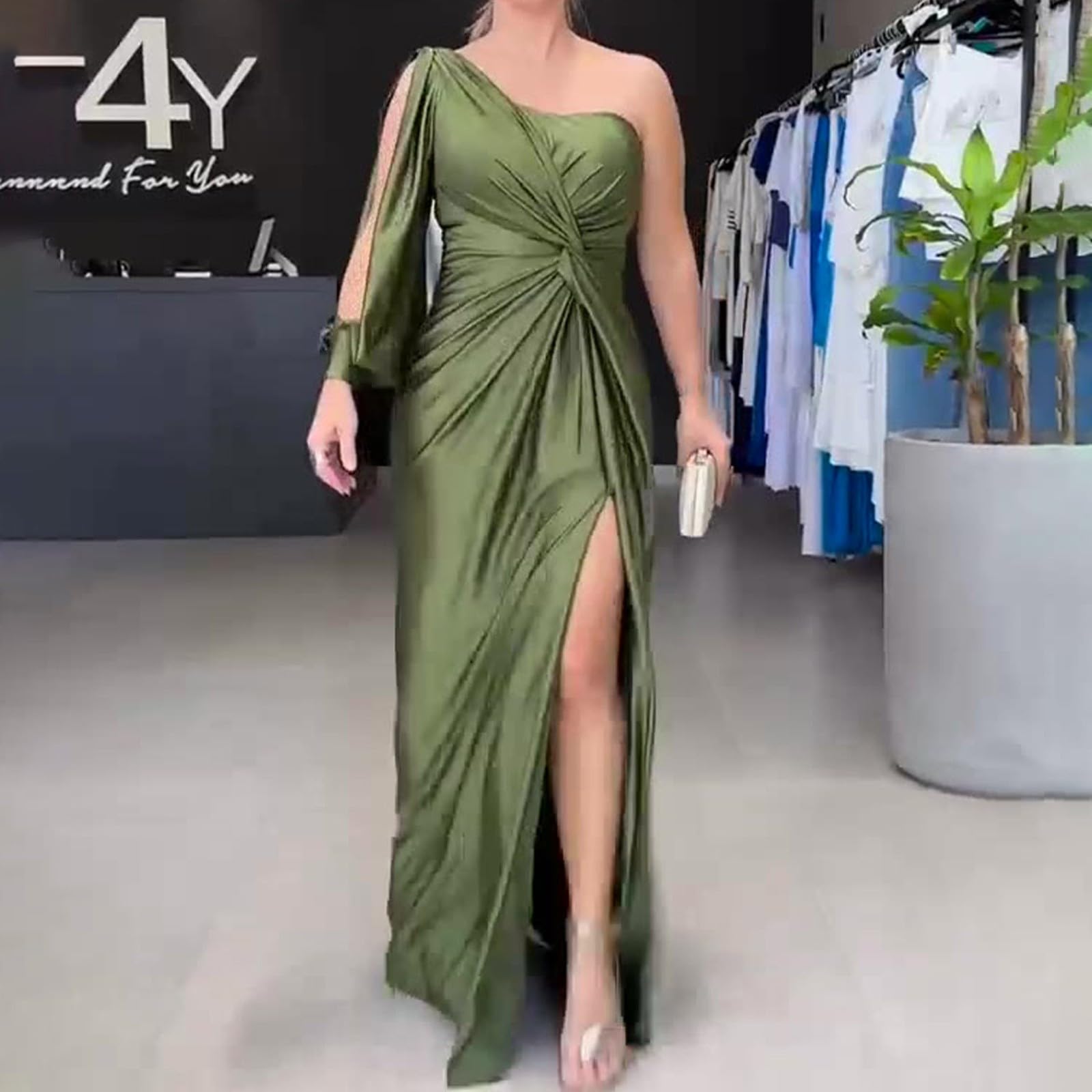 Tunique rouge à une épaule en satin robe de bal à manches longues robes formelles avec fente plissée une ligne soirée robes festives pour femme mariage