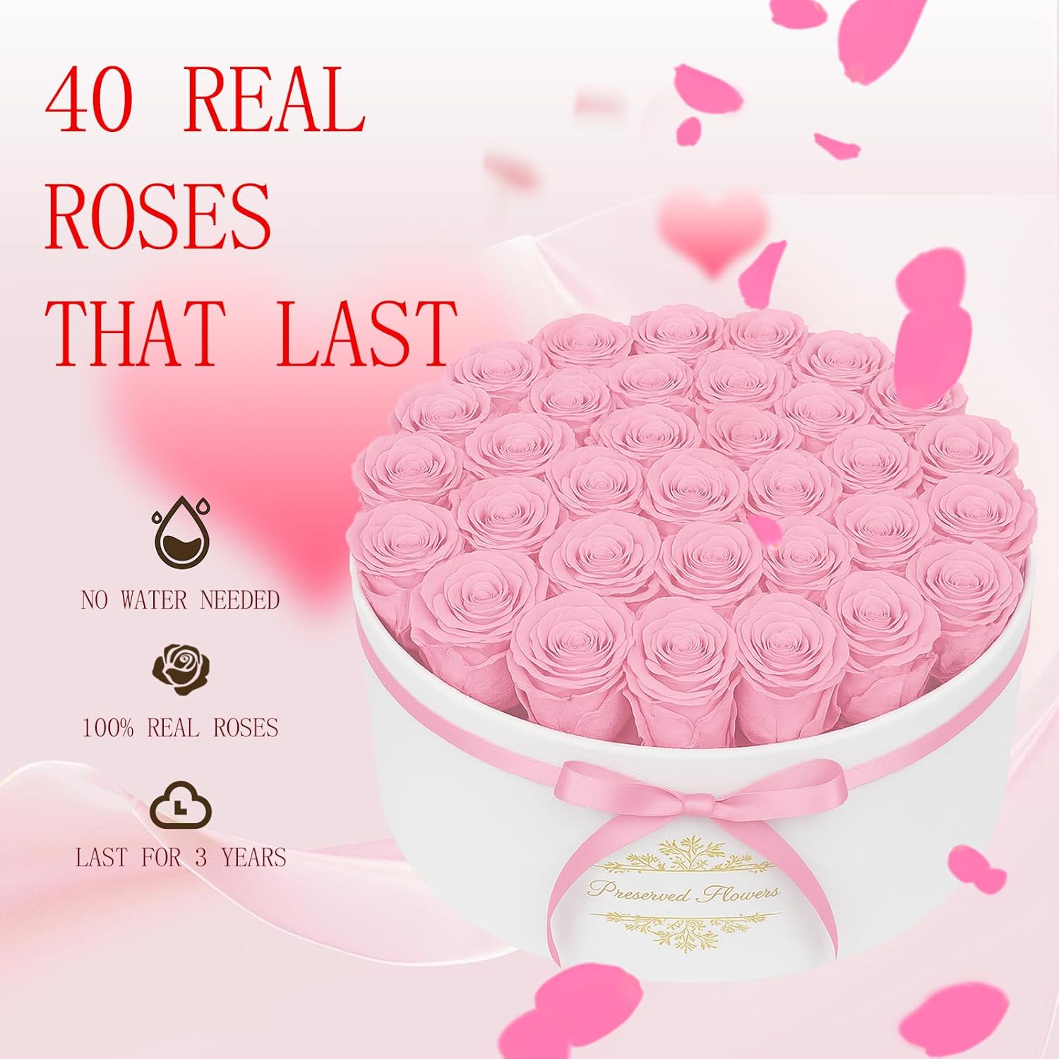 40 Forever Flowers in a Luxury Suede Box, Preserved Roses Birthday Gifts for Women, Romantic Anniversary Valentines Day Gifts for Girlfriend Wife Her, Pink