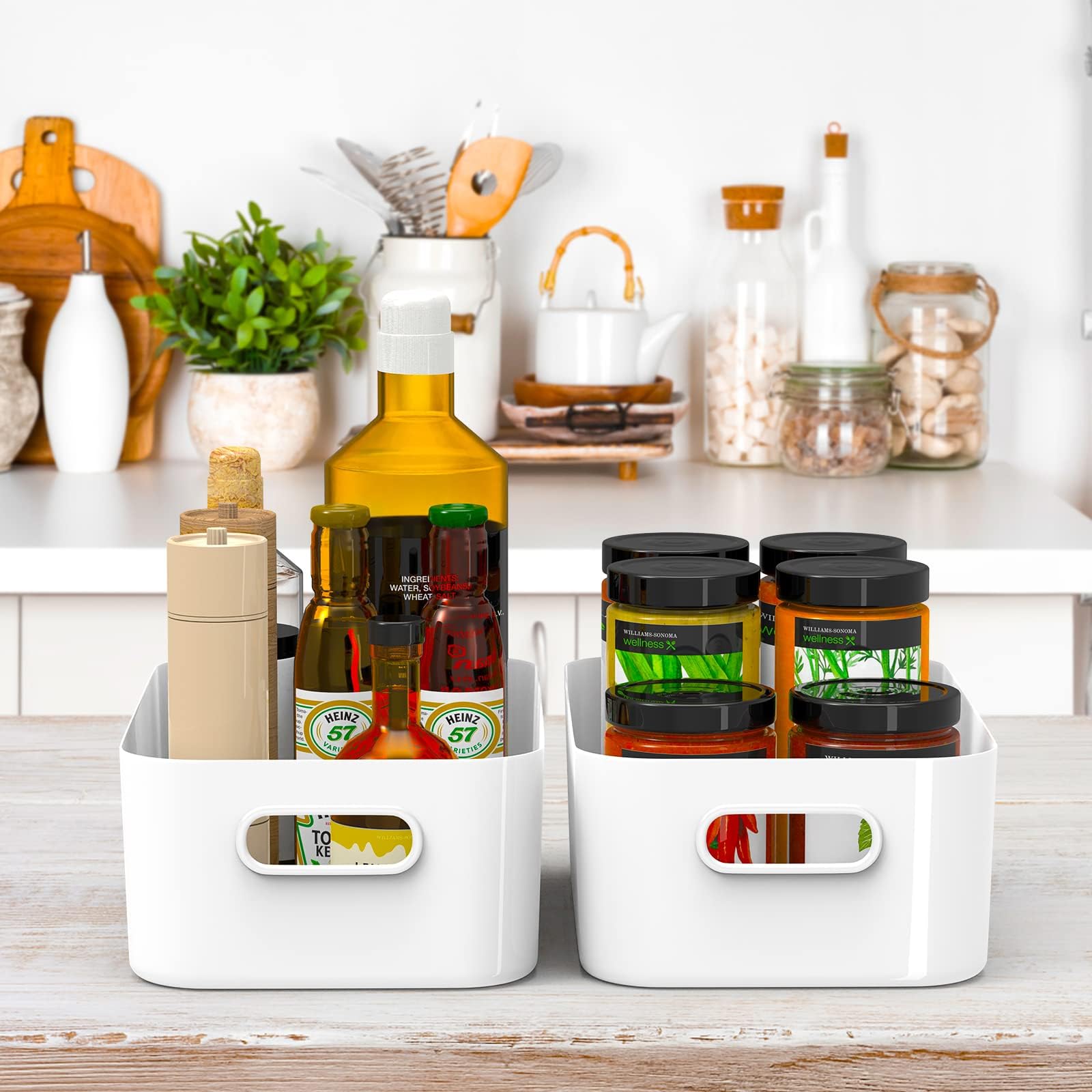 W&H 5 PCS White Plastic Storage Baskets with Handle, Medium Kitchen Cupboard Organiser Box - Image 3
