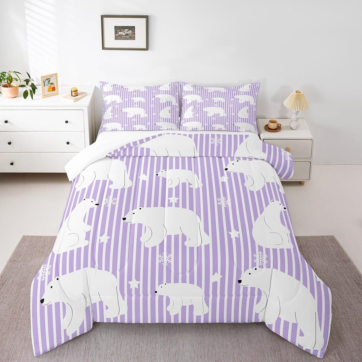 Castle Fairy Cute Polar Bear Full Size Comforter Set,Purple Stripes Bedding Set for Adults Teens,Children White Polar Bear Comforter Luxury Star Snowflake Quilt Set Room Decor 3Pcs