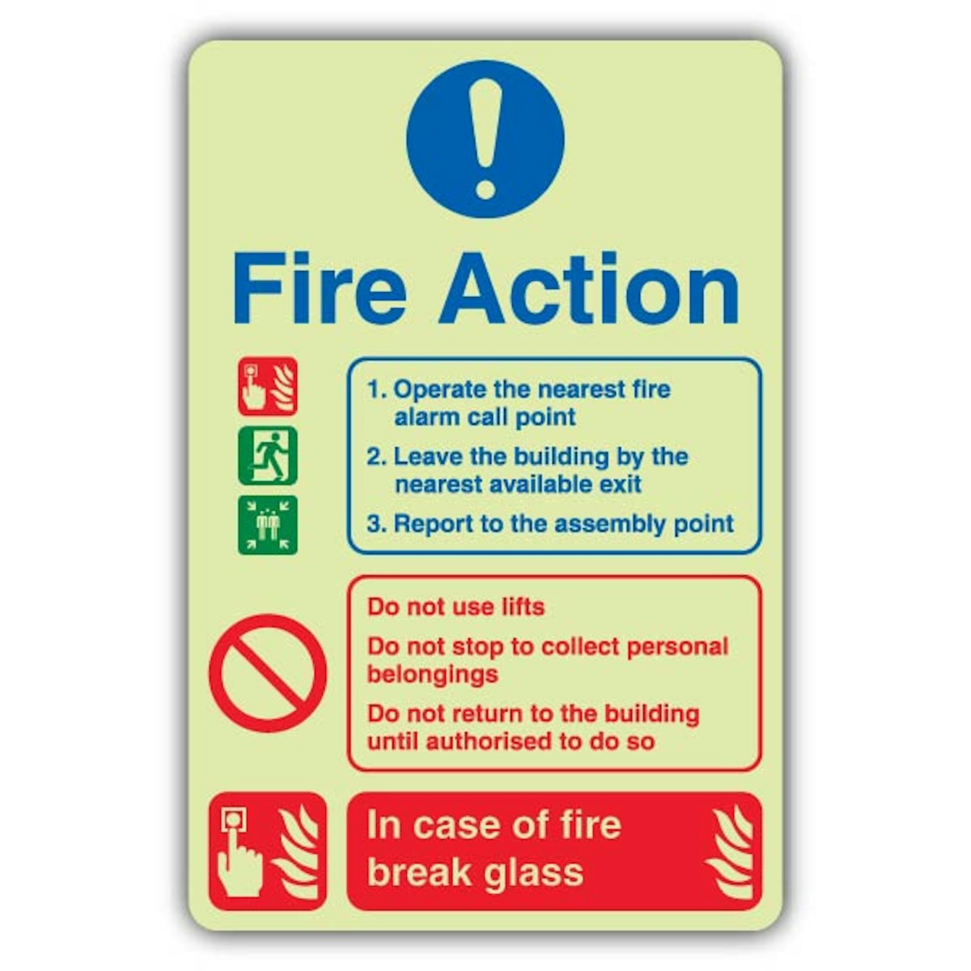 V Safety - Señal de cristal que brilla en la oscuridad, con texto en inglés "In Case Of Fire Break", 300 x 450 mm, hecho de plástico rígido de triple brillo, señalización de seguridad contra incendios