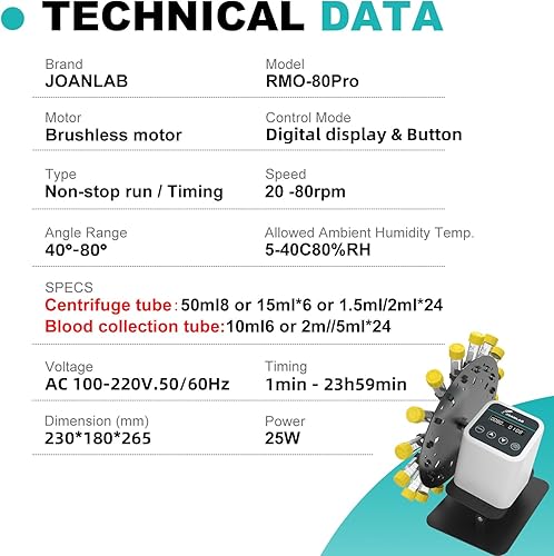 Miniatura 2 de JOANLAB Mezclador giratorio de laboratorio digital mezclador de tubo mezclador para 1.52510151.7 fl oz velocidad ajustable 20-80RPM con temporizador