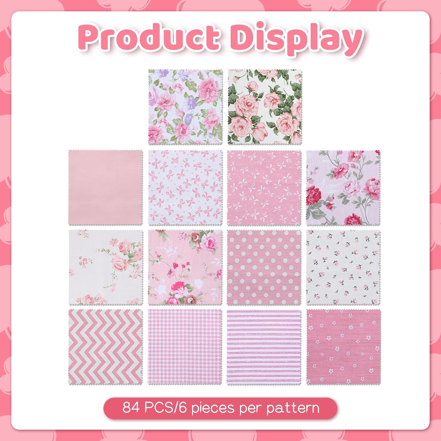 84 Pcs Pink Charm Packs for Quiltings, Cotton Quilting Fabric Bundles, 5 x 5-Inch Charm Squares Precut Quilting Fabrics, Cotton Fabric Squares for Sewing Project, Patchwork, DIY Crafts, Pink