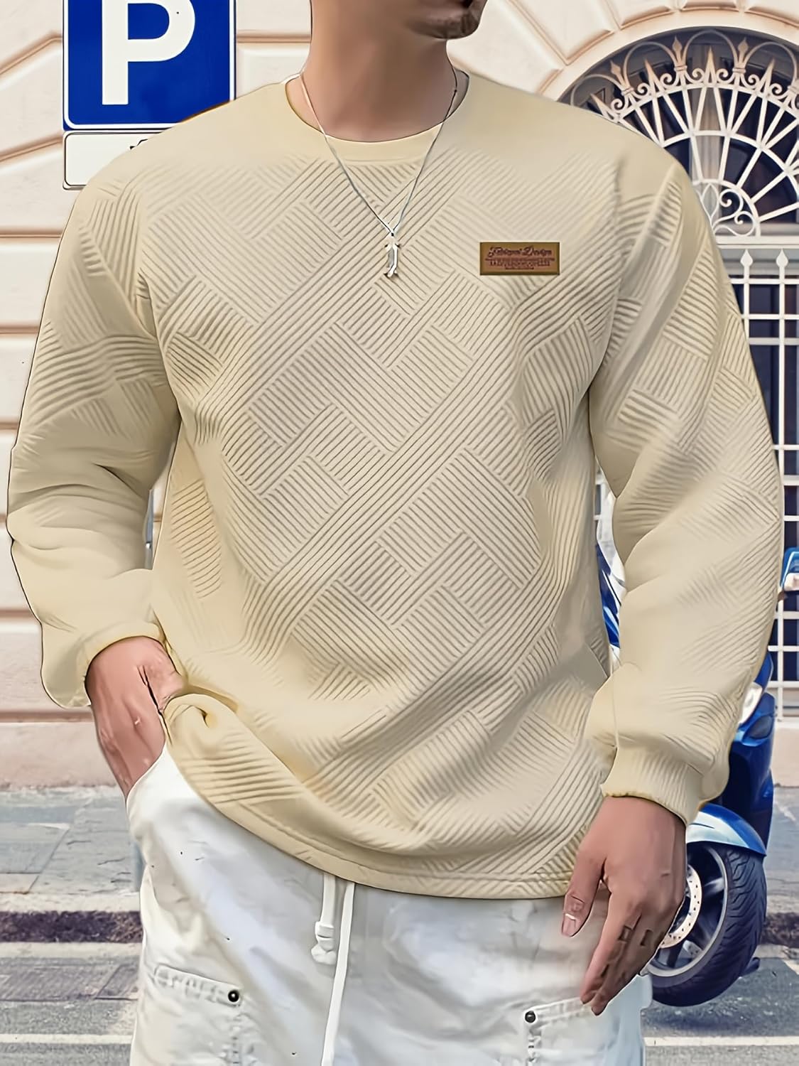 Men’s Fashion Sweatshirt,Jacquard Crewneck Long Sleeve, Spring Fall Casual Comfortable Top for Daily Outings,Beige