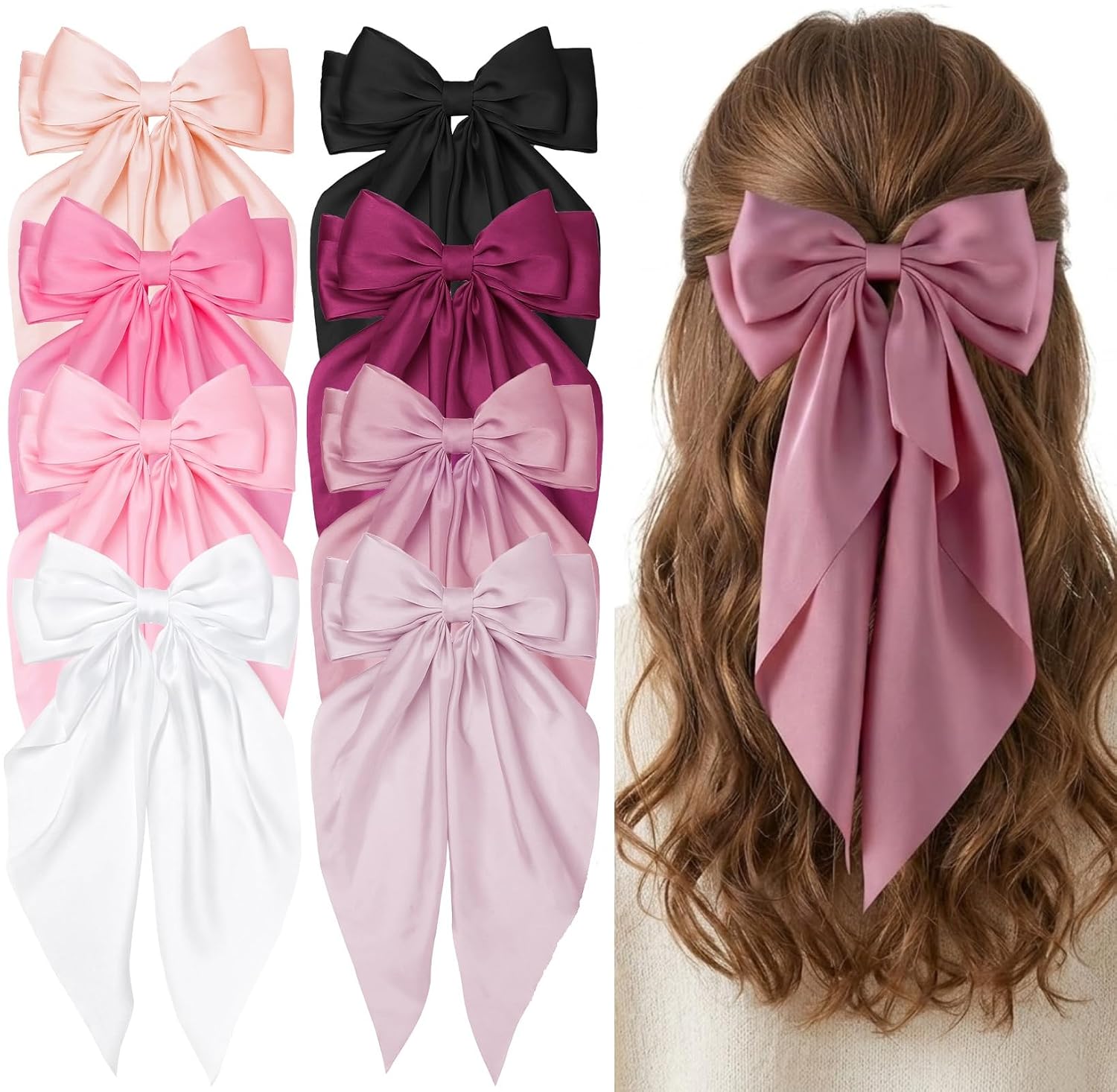 Hair Bows for Women Girls, 8 PCS Large Satin Hair Ribbon Bow Clips with Long Tails, Coquette Silky Hair Barrettes, Vintage Hair Accessories for Long Hair, School, Party, Daily Wear, Gifts