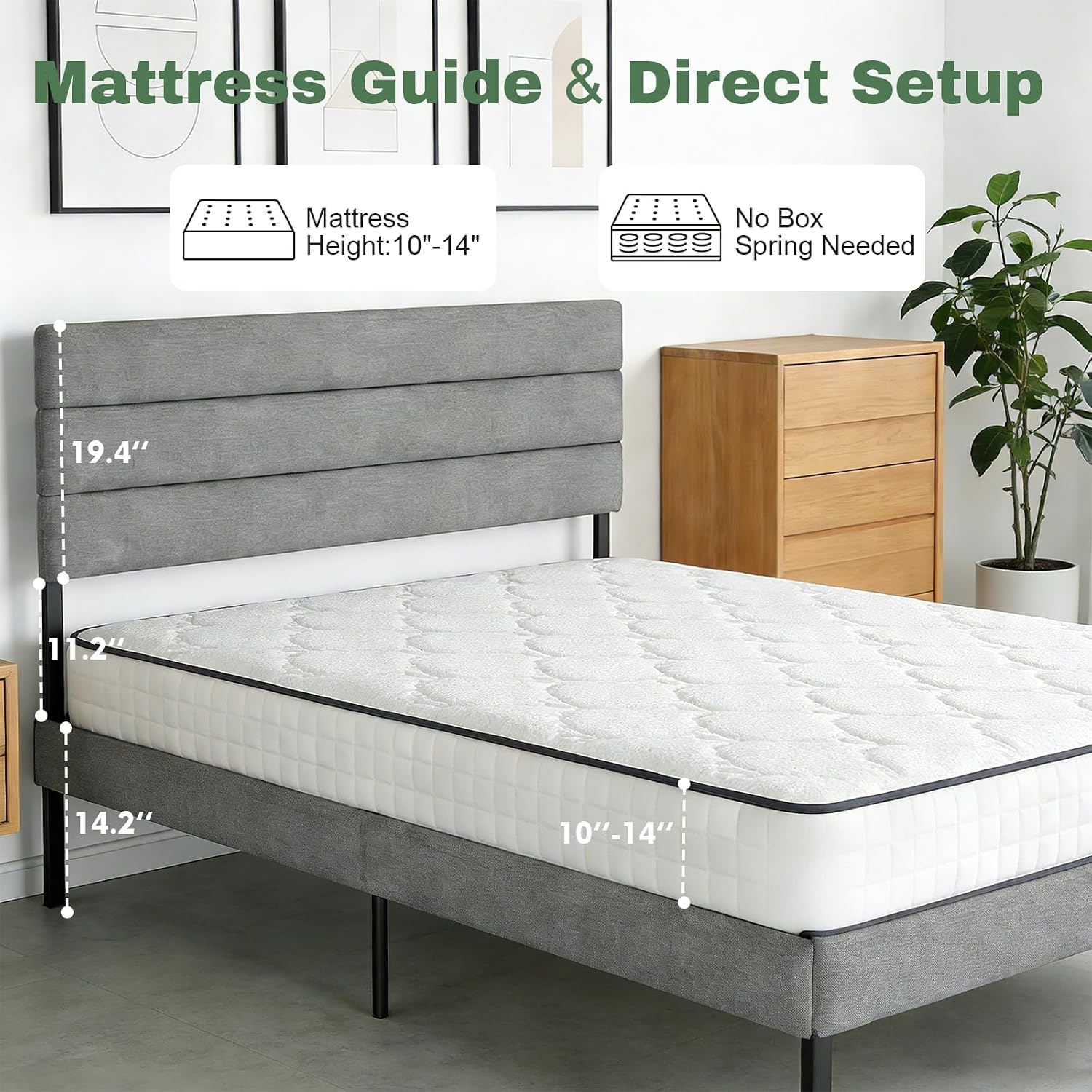 Queen Metal Upholstered Bed Frame, Queen Size Metal Bed Frame with Linen Headboard, Heavy Duty Platform Bed Gray Bedframe with Metal Slats and 14" Underbed Storage, No Box Spring Needed