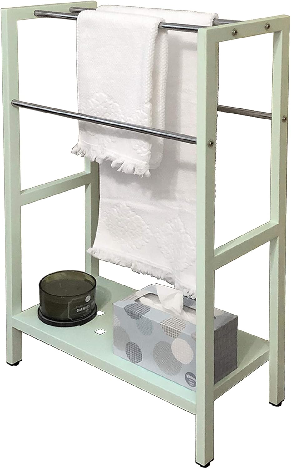 Asta Freestanding 4-Bar Towel Rack with Stainless Steel Towel Bars and Storage Shelf. Powder-Coated Metal Organizer with Adjustable TPR Levelers for Bath, Towels and Much More. B501/SGE (Light Sage)