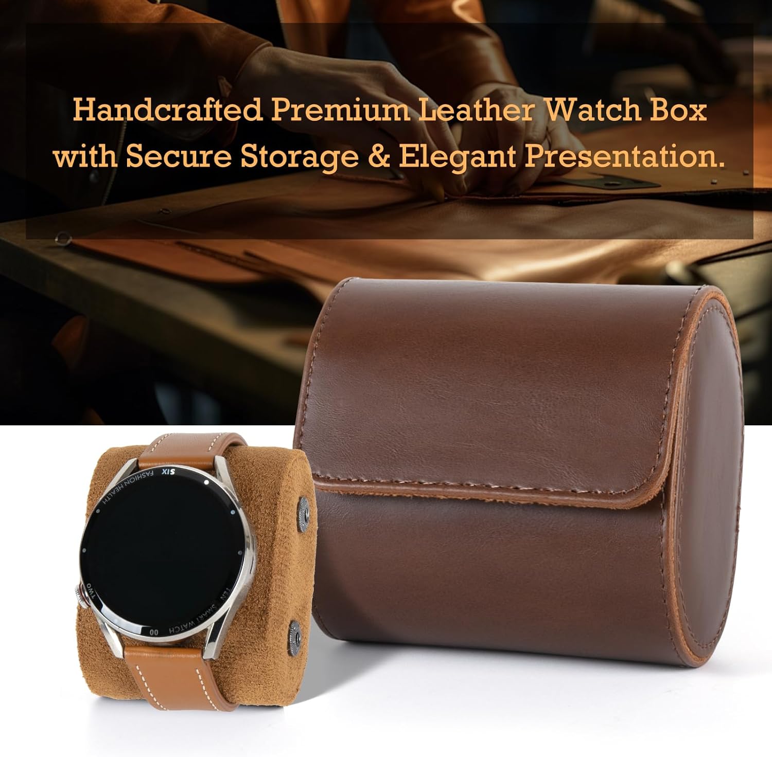 Double Leather Watch Box, Vintage Watch Roll Travel Case for Men and Women, Brown