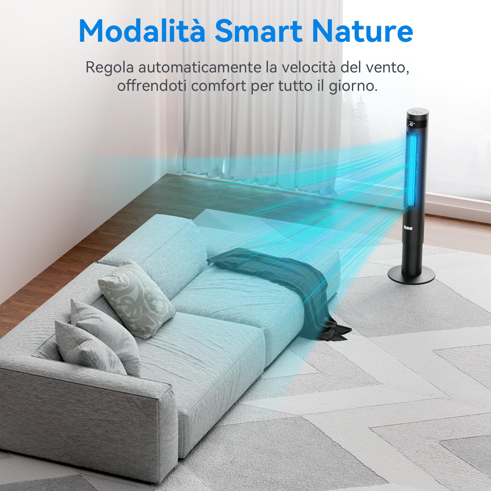 YASHE 43'' Ventilatore a Torre, 85° Oscillazione Ventilatore Senza Pale, 28dB Ventilatore a Torre Silenzioso, 3 Velocità 3 Modalità di Ventilazione, Ventilatore a Colonna con Telecomando