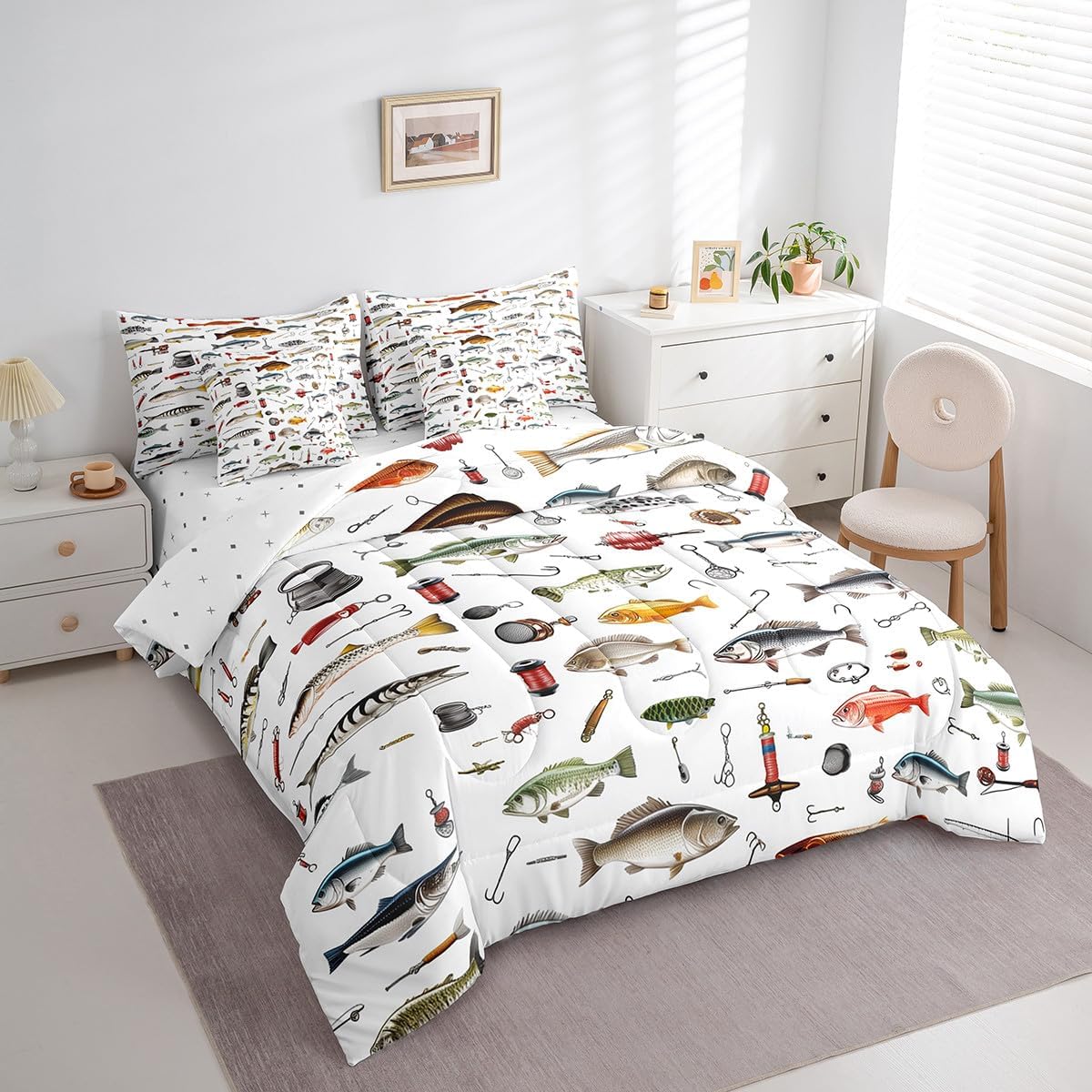 Fishing Full Comforter Set with Sheets for Boys Girls Bedroom Decor,Fishing Rod and Hook Print Bed in a Bag Soft Reversible Fish Pattern 7 Pieces Bedding Set Cozy Luxury Bass Fish Bed Set - Image 2