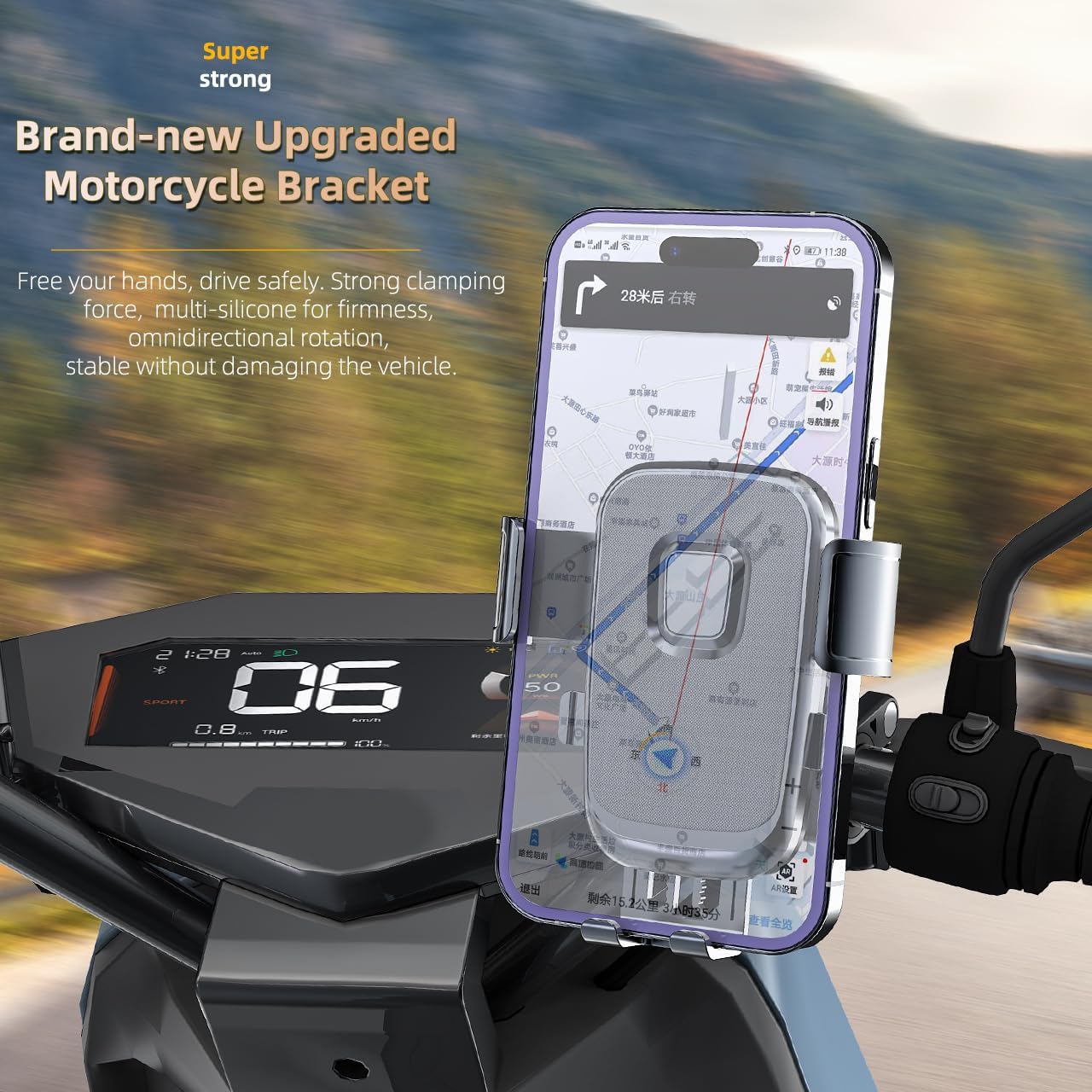 Motorcycle Phone Mount with Shock Absorber - Anti-Vibration Handlebar Phone Holder, Adjustable, Compatible with Bicycles, Scooters, ATVs, Fits 5.4-6.9 Inch Smartphones