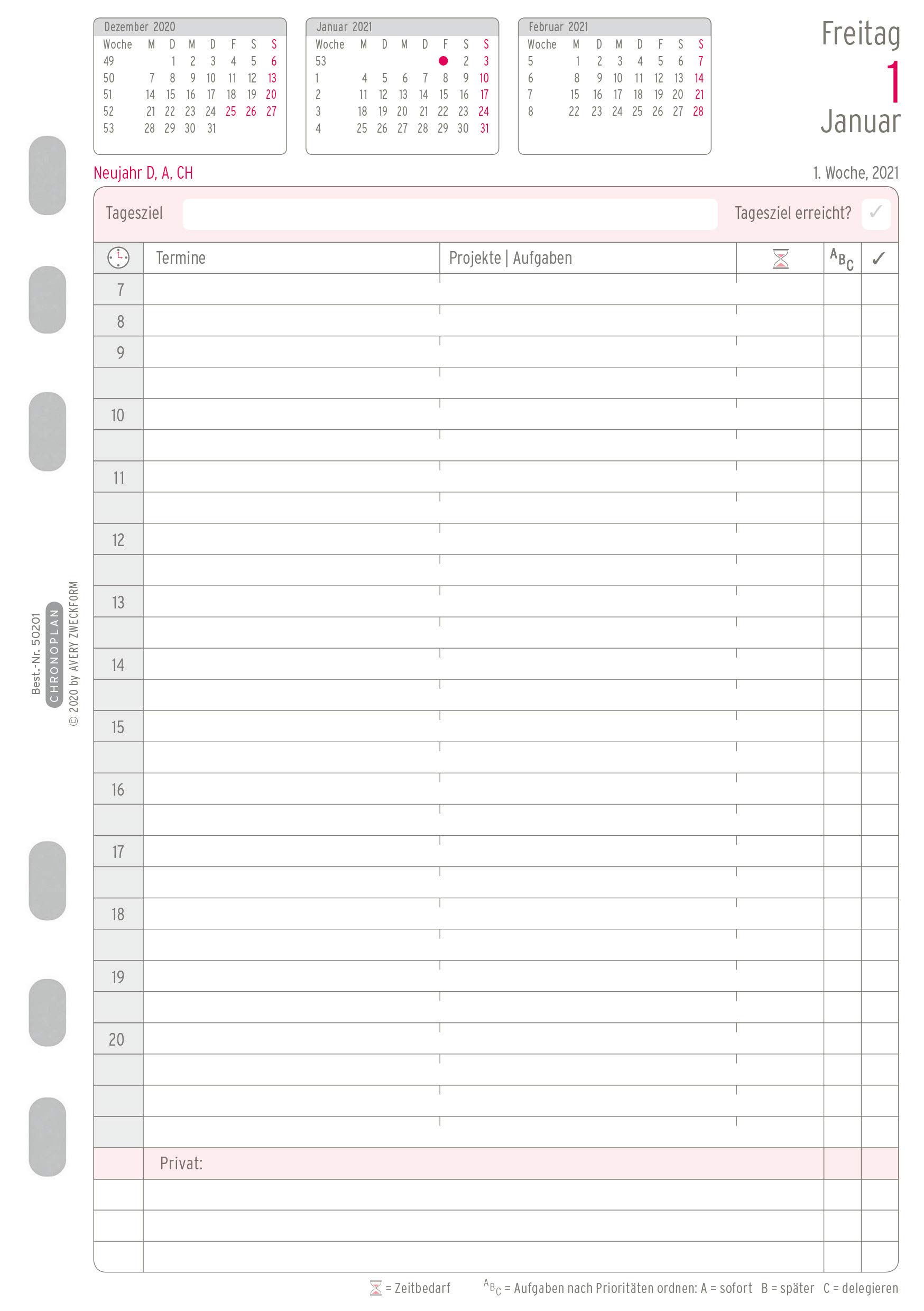 Chronoplan 50202 inserto calendario 2021, set annuale A5 con piani giornalieri (148x210mm), calendario sostitutivo, ideale per la pianificazione giornaliera professionale, multi-perforazione (1 giorno su 2 pagine), bianco;