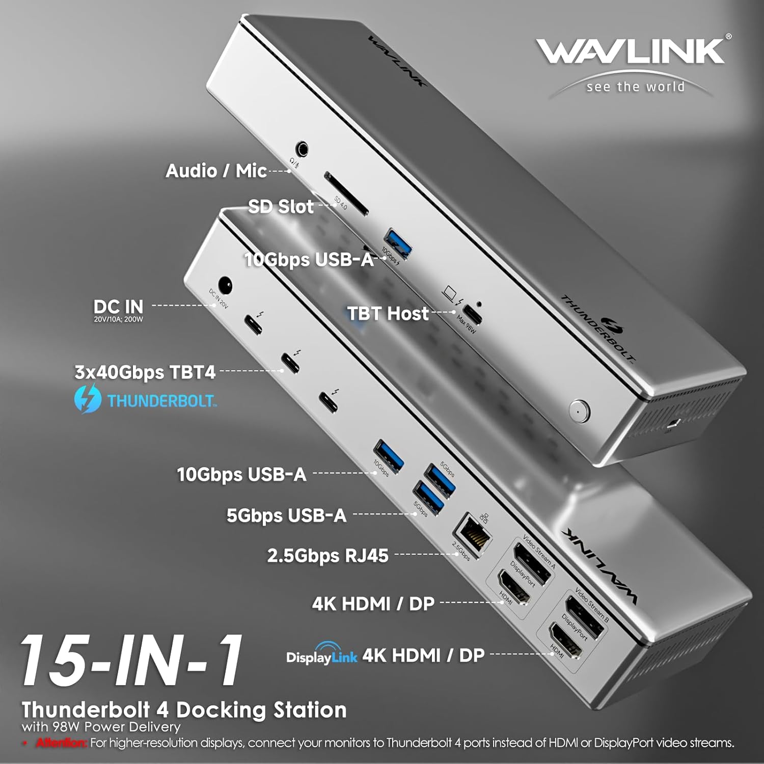 Thunderbolt 4 Dock, WAVLINK Docking Station with Quad 4K@60Hz Monitors, Four Thunderbolt 4 Ports, 98W PD, 2.5G RJ45 Ethernet, SD V4.0, 10Gbps USB3.1, for MacBook Pro/Air etc image 2 of 9 B0DR1HXJ4X