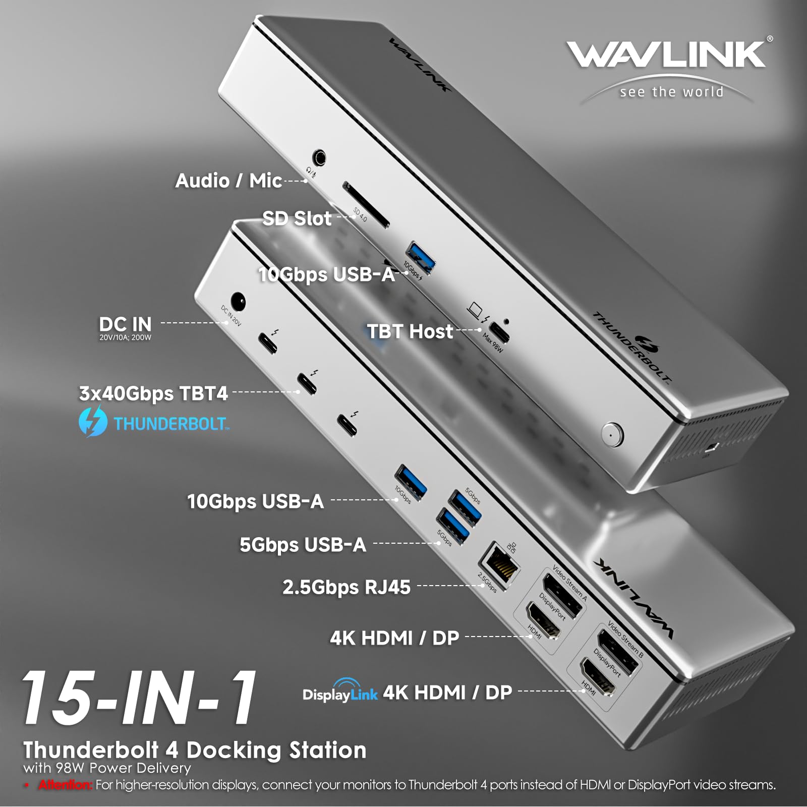 Thunderbolt 4 Dock, WAVLINK Docking Station with Quad 4K@60Hz Monitors, Four Thunderbolt 4 Ports, 98W PD, 2.5G RJ45 Ethernet, SD V4.0, 10Gbps USB3.1, for MacBook Pro/Air etc