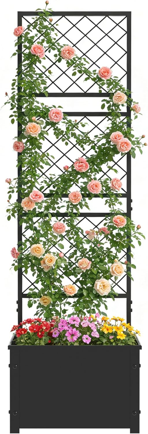 aboxoo 59 inch Metal Planter Planter Box with Privacy Screen Trellis Outdoor Raised Garden Bed Standing Garden Flower Bed with Drainage Holes(Black)