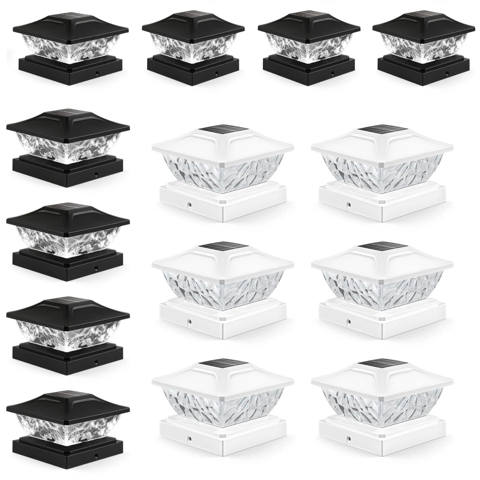 NFEVER8 Pack Outdoor Solar Post Cap Lights Black+ 6 Pack Solar Fence Deck Lights Waterproof White Bundle