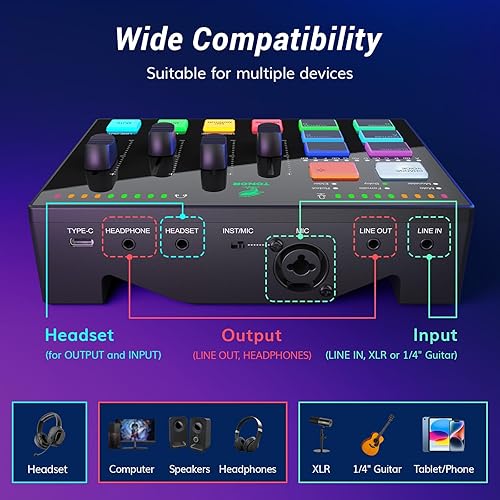 Miniatura 4 de TONOR Conjunto de interfaz de audio y micrófono, paquete de equipos de podcast, mezclador de audio USB con RGB, micrófono dinámico XLR con calidad